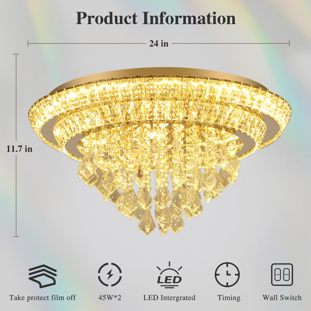 Kuailkag Crystal LED Ceiling Light 24" Modern Flush Mount Chandelier,K9 Crystal Raindrop,Elegant Lighting Fixture with Remote/APP,3CCT,Dimmable Living Room Chandeliers Lights-Golden