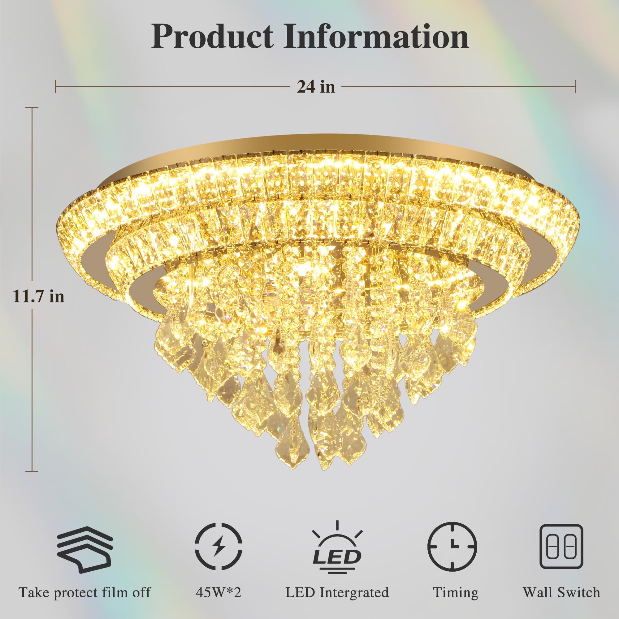 Kuailkag Crystal LED Ceiling Light 24" Modern Flush Mount Chandelier,K9 Crystal Raindrop,Elegant Lighting Fixture with Remote/APP,3CCT,Dimmable Living Room Chandeliers Lights-Golden