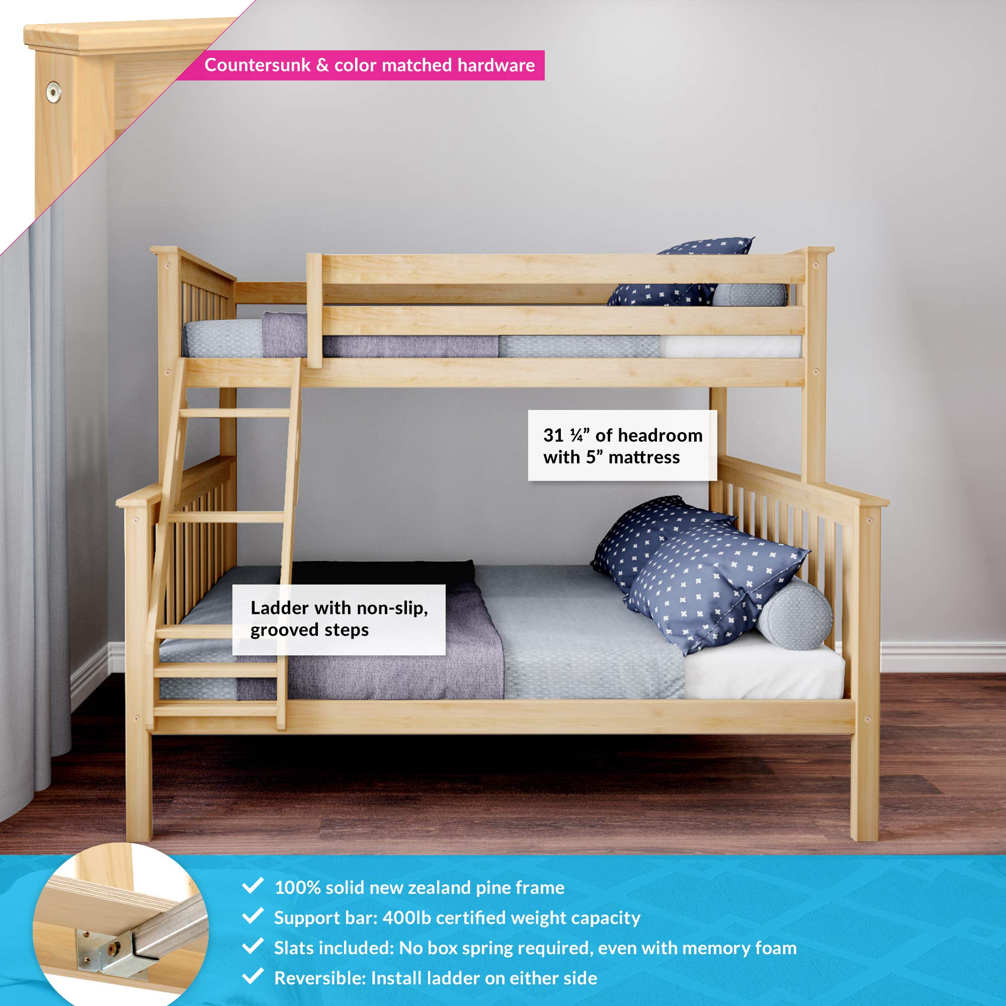 Max & Lily Bunk Bed Twin Over Full Size with Ladder, Solid Wood Platform Bed Frame with Ladder for Kids, 14" Safety Guardrails, Easy Assembly, No Box Spring Needed, Natural