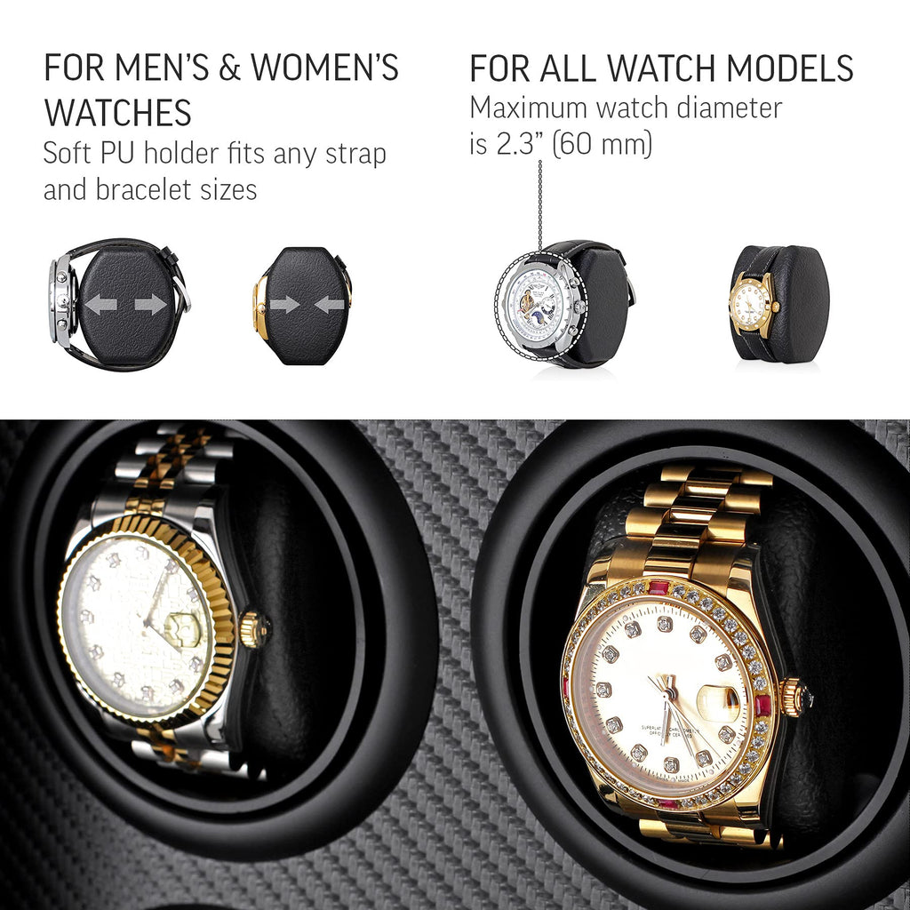 Automatic Watch Winder for 4 Watches with LED Light, LCD Display, Remote Control and Storage Drawer (Black)