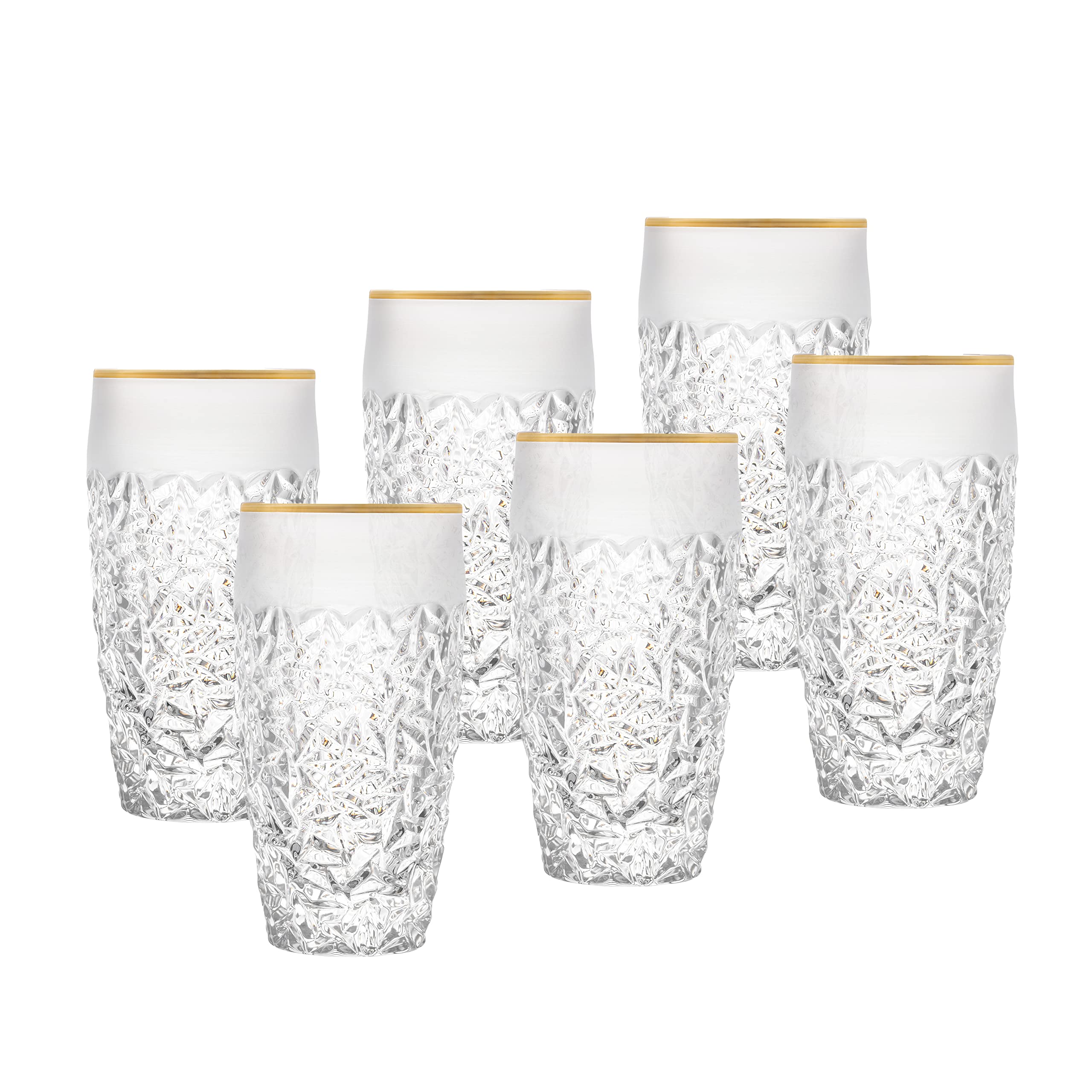 Barski - European Quality Glass - Crystal - Set of 6 - Highball - Hiball Tumblers - 16 oz. - Raindrop Design with Frosted Border and Gold Rim on Tumbler - Glasses are Made in Europe