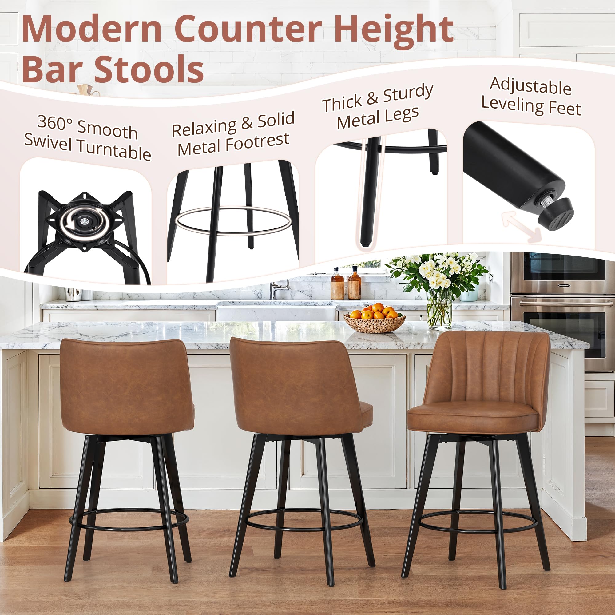 LUE BONA 360° Swivel Leather Bar Stools Set of 3, 26" Counter Height Barstools with Backs and Metal Legs, Modern Upholstered Bar Chairs for Kitchen Island, Brown
