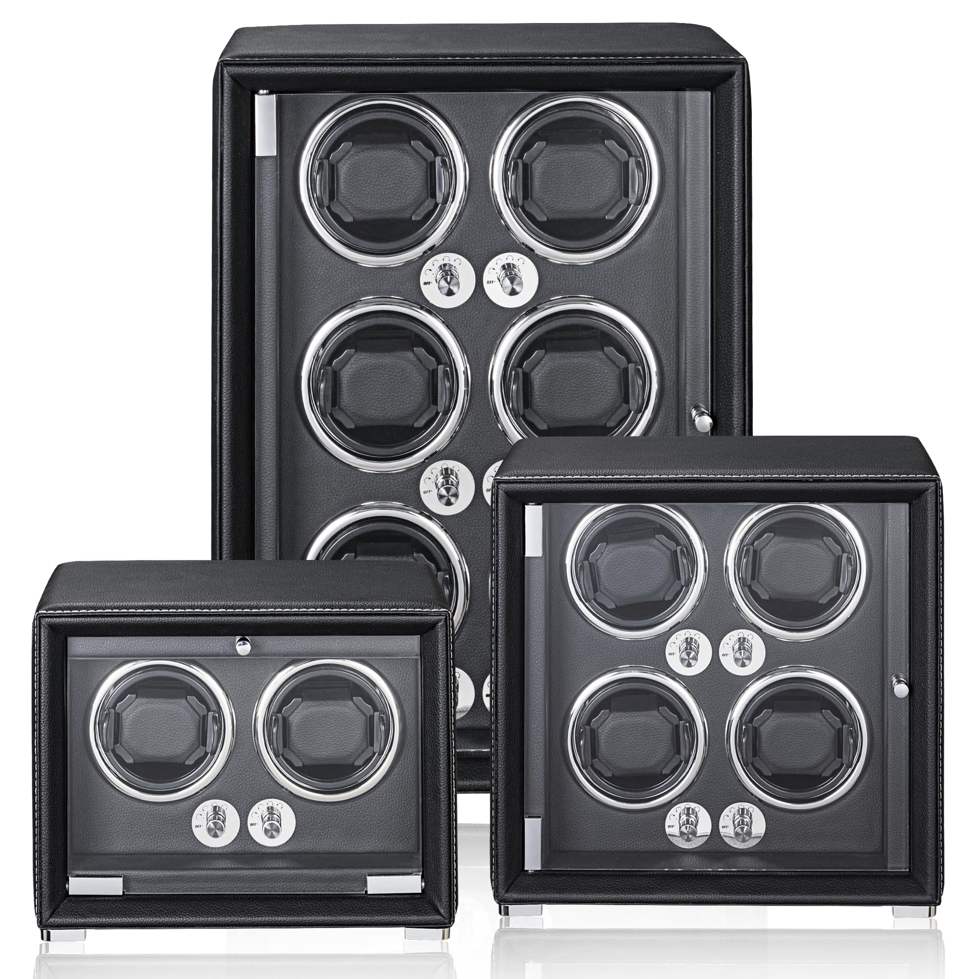 KOHUDIS Watch Winder for 2/4/6/9 Automatic Watches, high-end Leather Making, Super Quiet Mabuchi Motor, Two Power Modes, Built-in led Lights (Black, 4 Slots)
