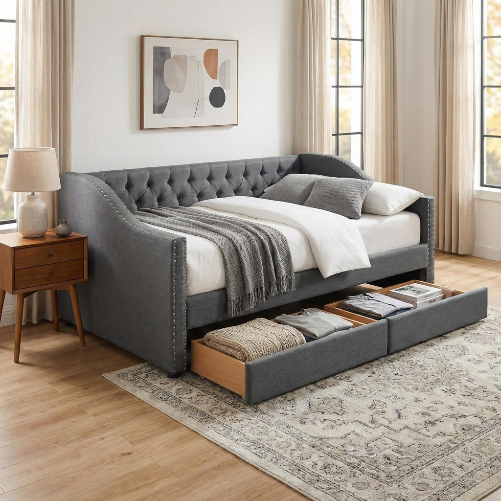 Merax Upholstered Twin Daybed Frame with 2 Storage Drawers, Linen Fabric Wood Sofa Bed, Diamond-Tufted Backrest & Rivets Armrests, Sturdy Wood Slat Support, No Box Spring Needed, Bear 400LBS, Gray