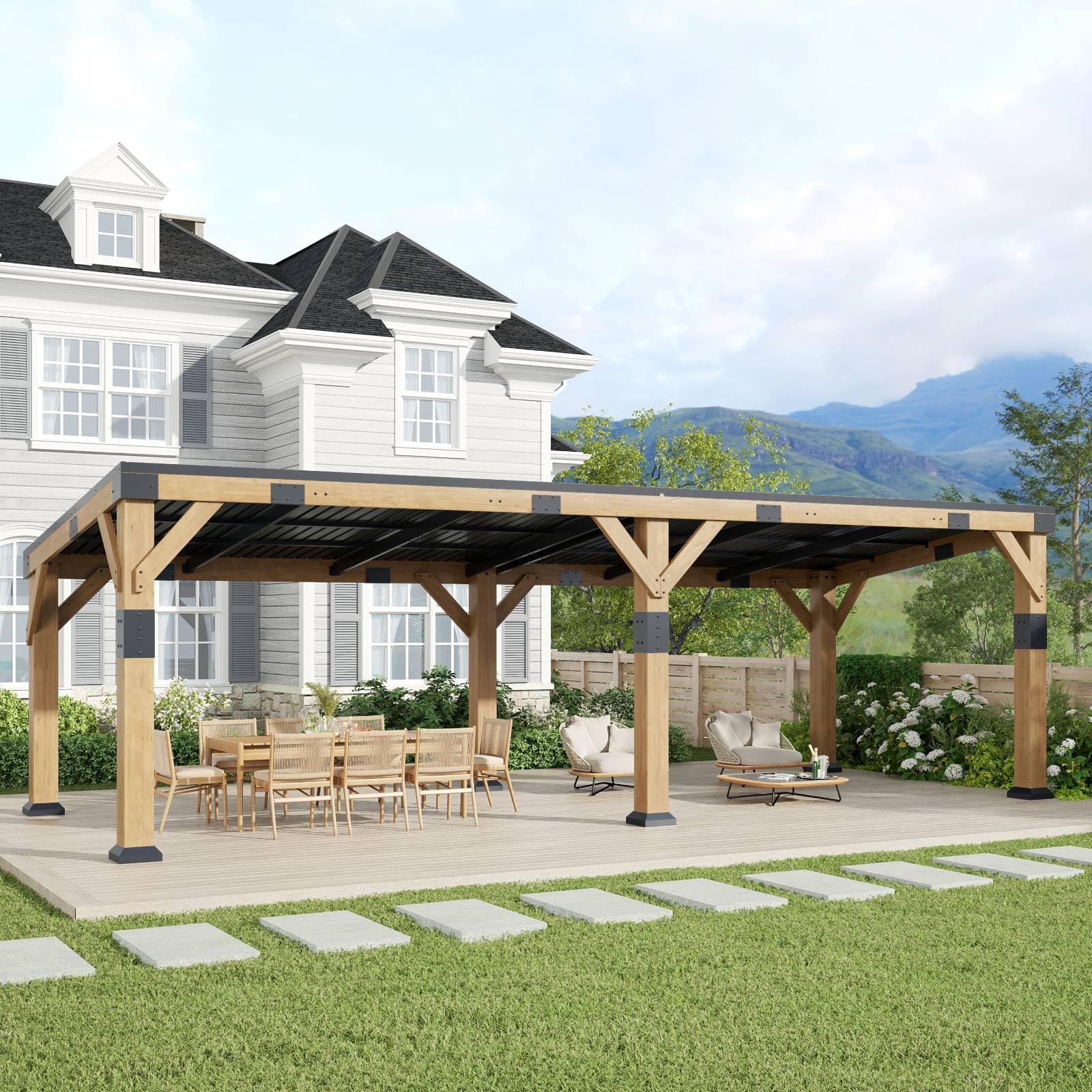 GOHONEI10x22 ft Cedar Wood Gazebo with Sloped Galvanized Steel Roof, Hardtop Gazebo Pavilion with Durable, Rot-Resistant Construction, Permanent Outdoor Pergola for Backyard, Garden & Deck