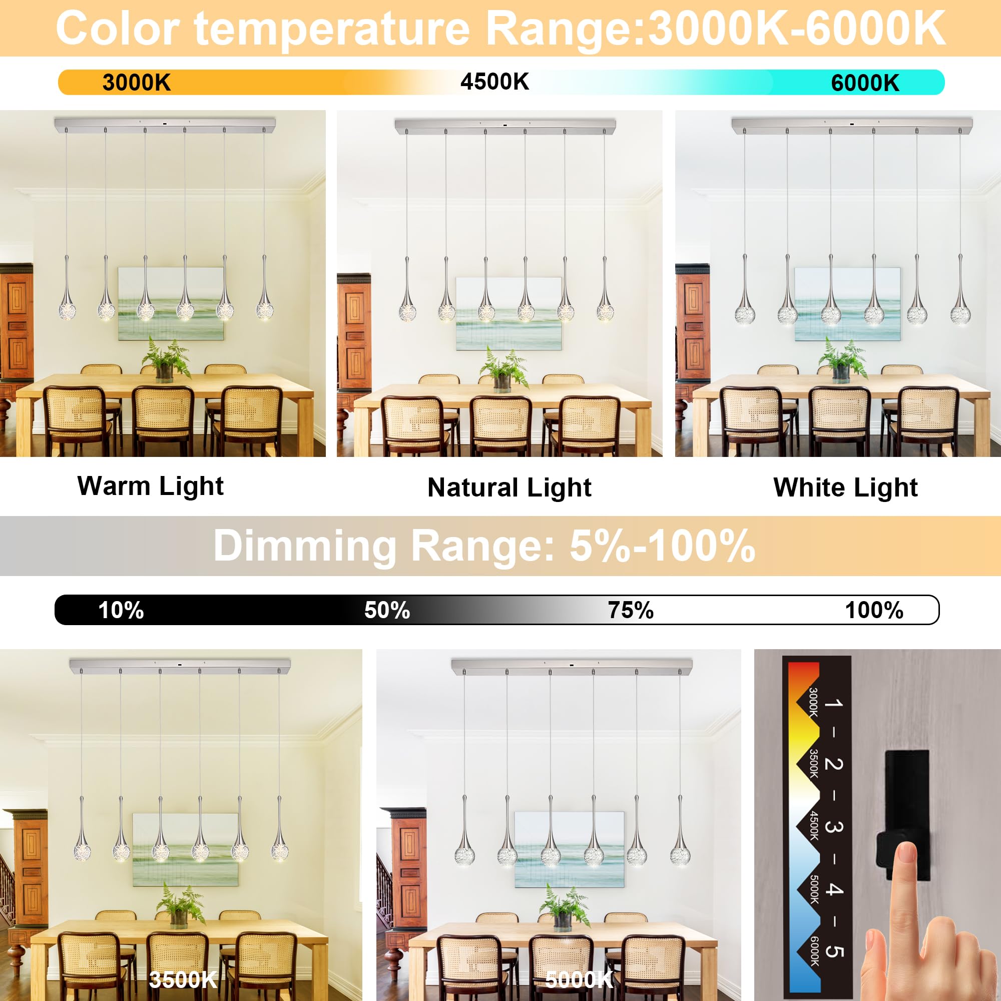 VINLUZ 6-Light Rectangle Brushed Nickel Crystal Chandelier, Dimmable LED Bubble Raindrop Modern Pendant Lighting Fixture, Luxury Elegant Adjustable Spiral Ceiling Light for Entryway Living Room Island