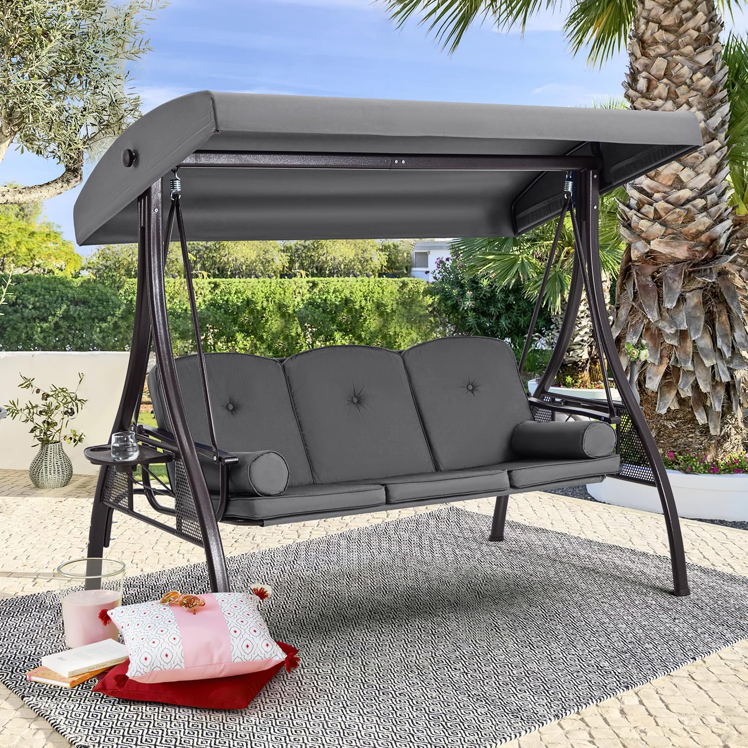 HOMREST 3 Person Outdoor Porch Swing with 1.5" Upgraded Cup Holder, Adjustable Canopy, Backrest, Patio Swing Bed with Weather Resistant Steel Frame, Cushions for Garden,Deck and Poolside(Gray)