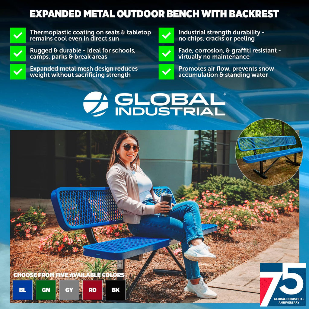 Global Industrial 6'L Heavy Duty Expanded Metal Mesh Bench with Backrest with Steel Frame, Portable Outdoor Bench, 1000 lbs Capacity, Black, 72" L x 24" W x 33" H