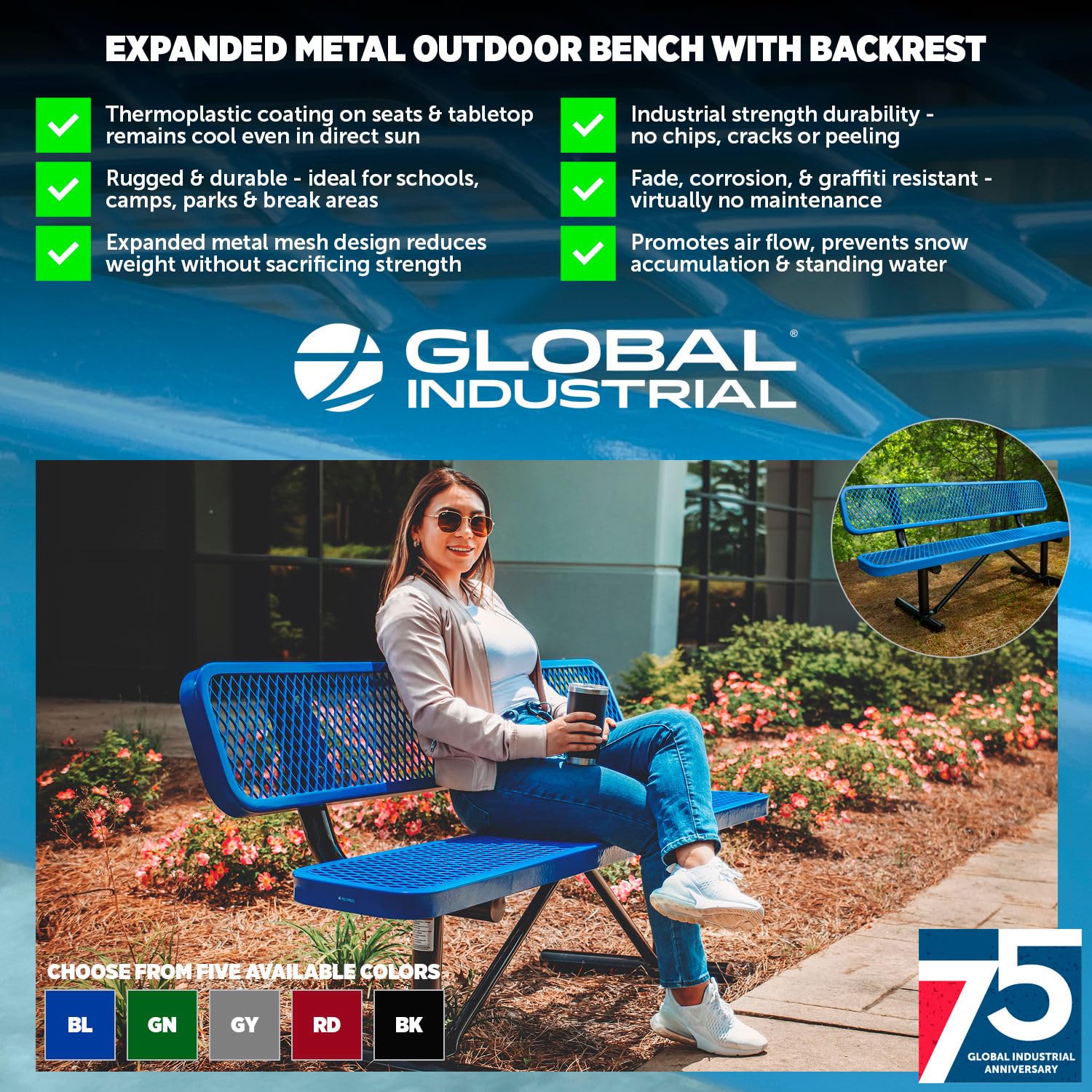 Global Industrial 6'L Heavy Duty Expanded Metal Mesh Bench with Backrest with Steel Frame, Portable Outdoor Bench, 1000 lbs Capacity, Black, 72" L x 24" W x 33" H