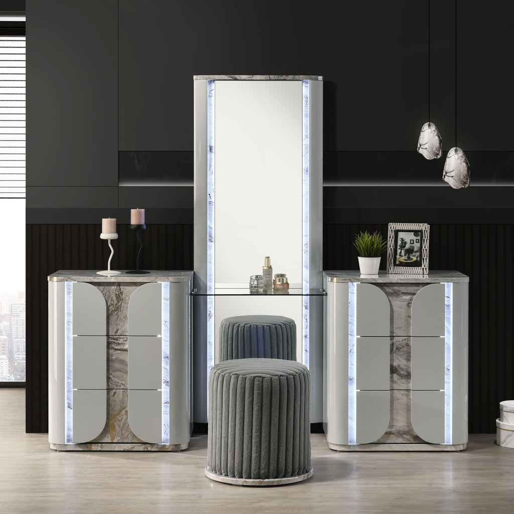 Furniture of America Bruna Modern Faux Marble 6-Drawer Makeup Vanity Set with Plush Tufting Stool, LED Full-Length Mirror and Tempered Glass Top, Wooden Dresser for Bedroom, Guest Room, Light Grey