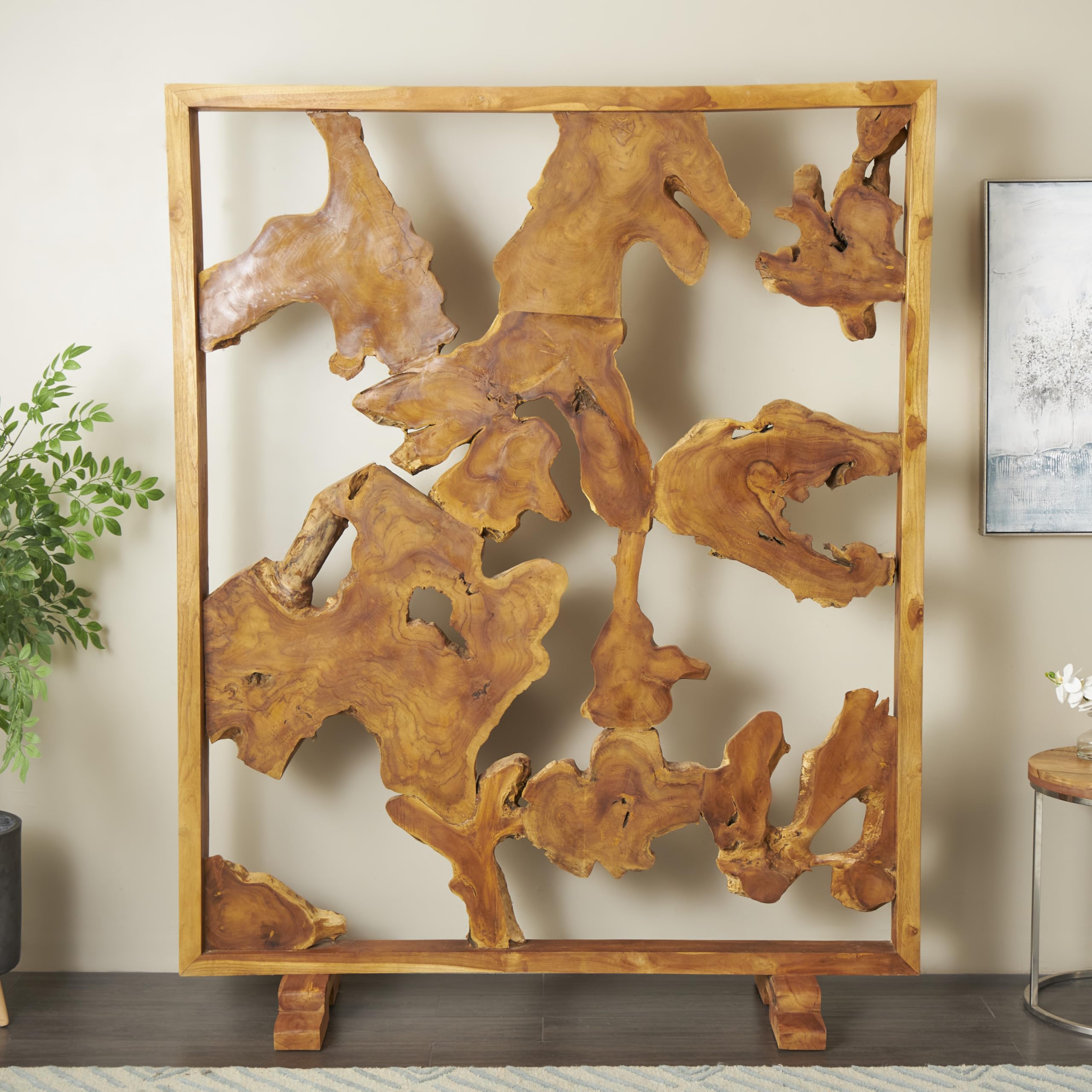 Deco 79 Teak Wood Handmade Partition Room Divider Screen Tall Live Edge Freestanding Privacy Screen with Large Tree Trunk Pieces, Room Partition 63" x 32" x 82", Brown