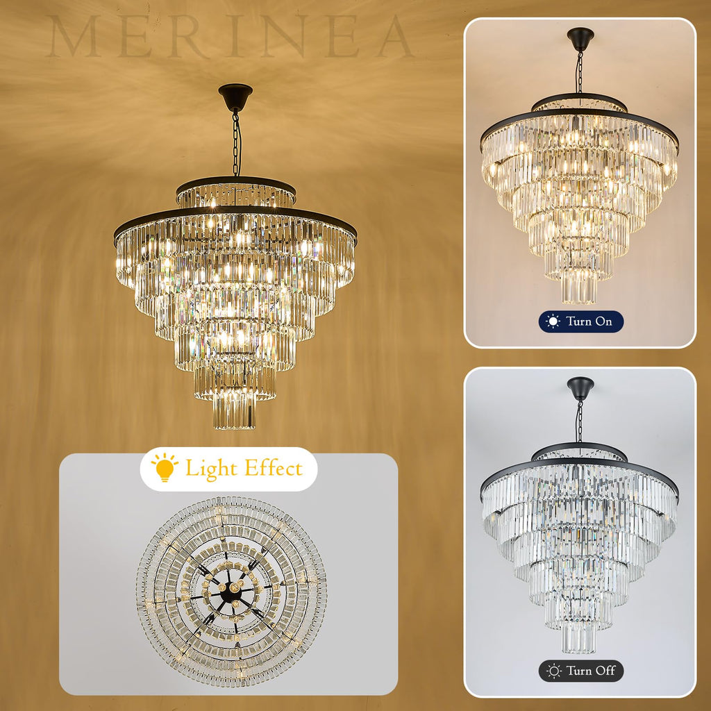 MERINEA Large 40" Black Crystal Chandelier 28 Lights Modern Round Chandeliers for Staircase Luxury 7-Tier K9 Crystal Ceiling Pendant Light Fixture for High Ceiling Living Room Foyer