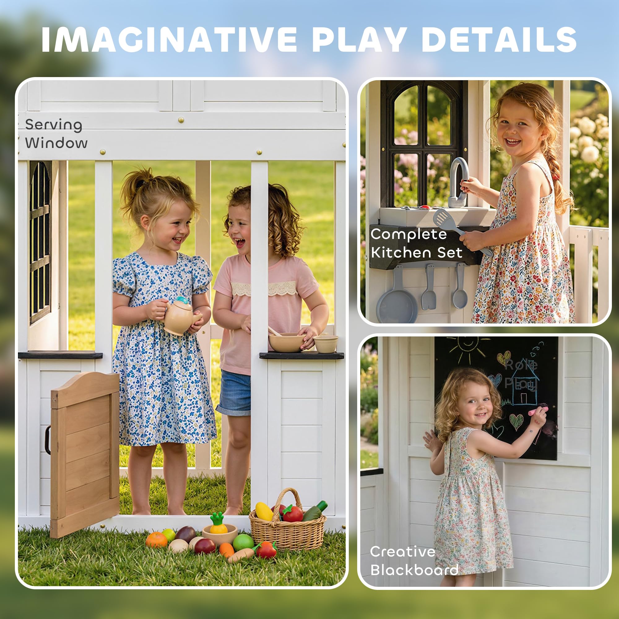 Qaba Two-Story Outdoor Wooden Playhouse for Kids with Slide, Picnic Table & Bench, Play Kitchen, Ladder, Lookout Platform for Age 2+ Backyard Play, White