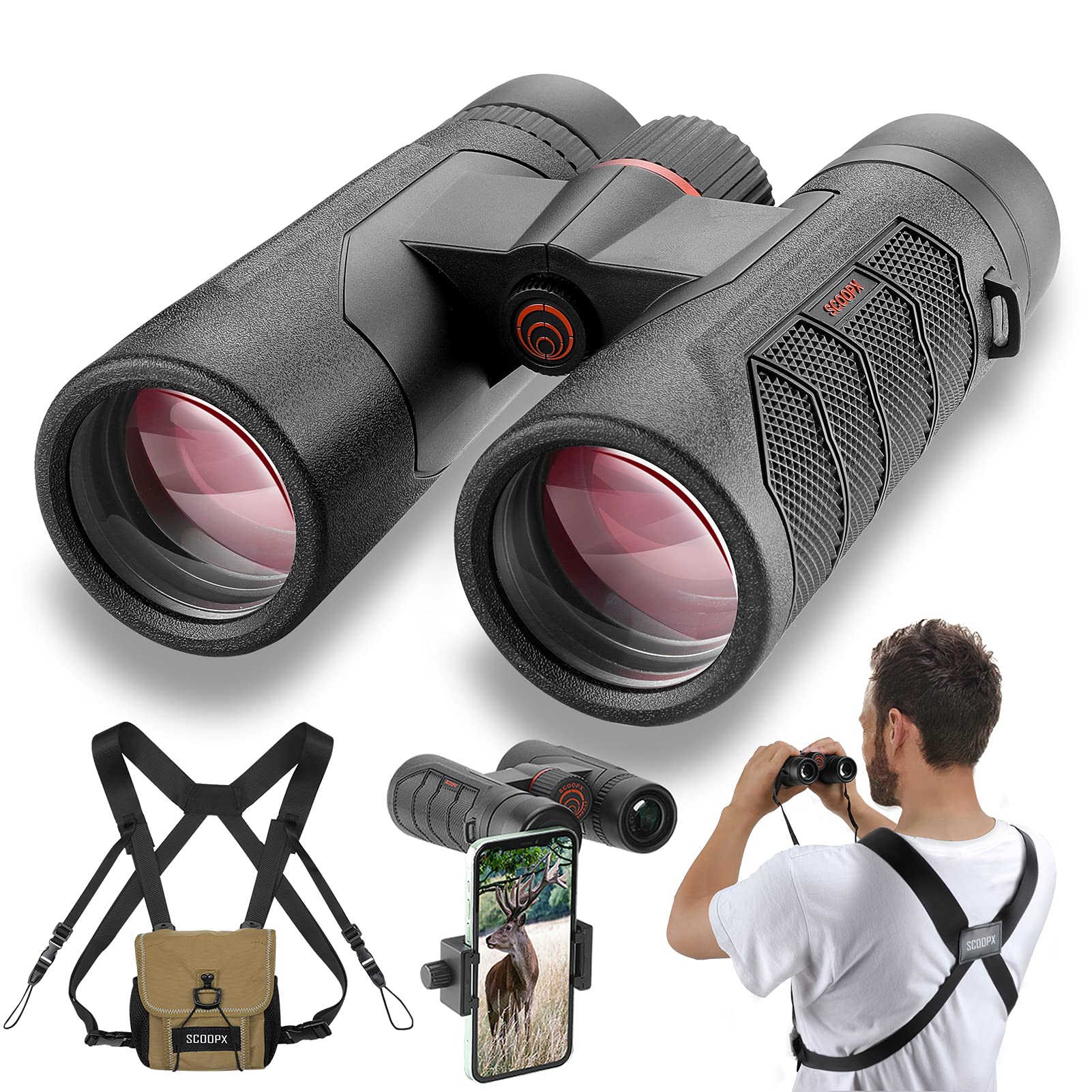 10x42 Ultra HD Binoculars with Phone Adapter and Harness - 24mm Large View Eyepiece, Edge-to-Edge Sharpness, 6.5° Wide Angle Field of View - Lightweight Waterproof Binoculars for Bird Watching Huntin1