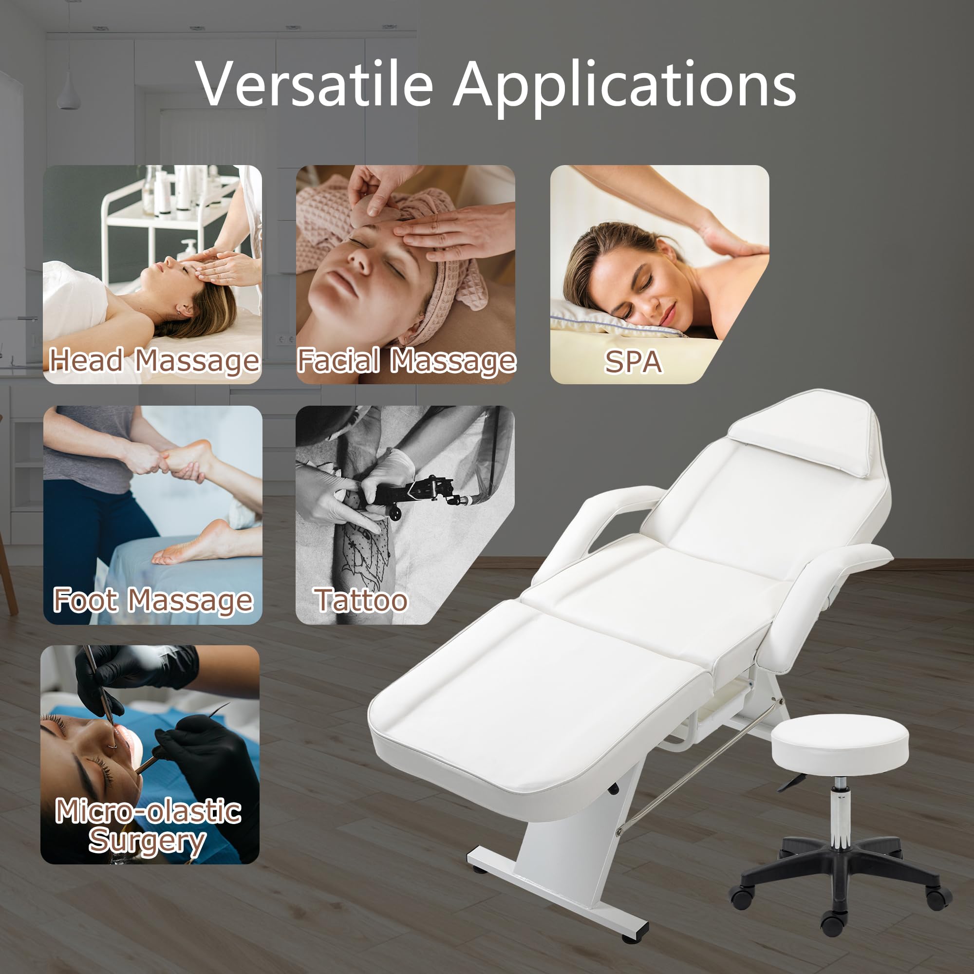 Massage Salon Tattoo Chair with Two Trays Esthetician Bed with Hydraulic Stool,Multi Purpose 3 Section Facial Bed Table, Adjustable Beauty Barber Spa Beauty Equipment, White