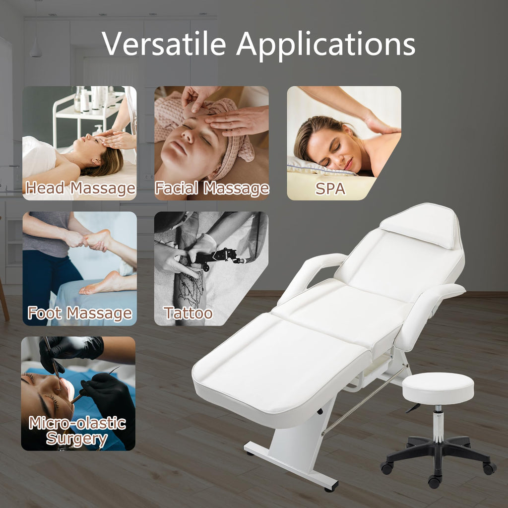 Massage Salon Tattoo Chair with Two Trays Esthetician Bed with Hydraulic Stool,Multi Purpose 3 Section Facial Bed Table, Adjustable Beauty Barber Spa Beauty Equipment, White