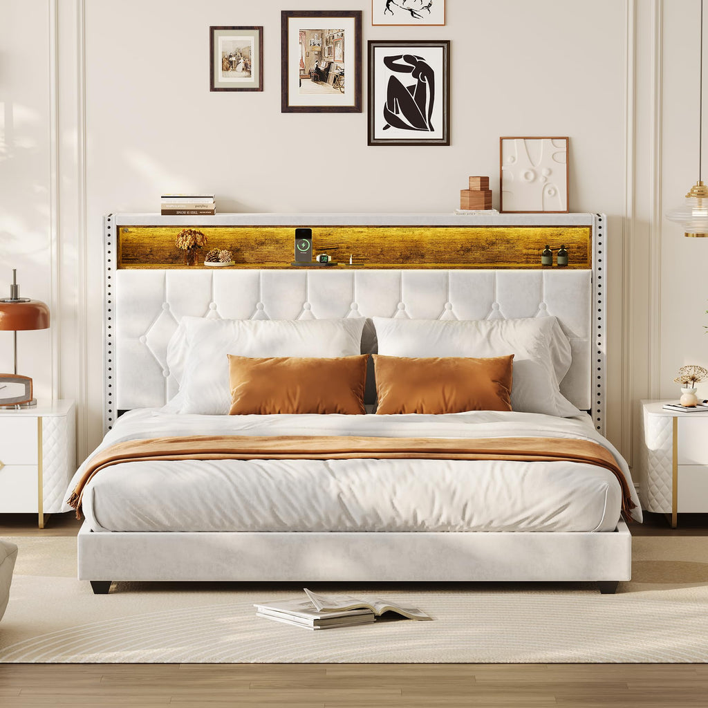 Garvee King Bed Frame with LED Light and Charging Station, Upholstered Bed Frame with Button Headboard, Wood Slat, No Box Spring Needed, Easy Assembly