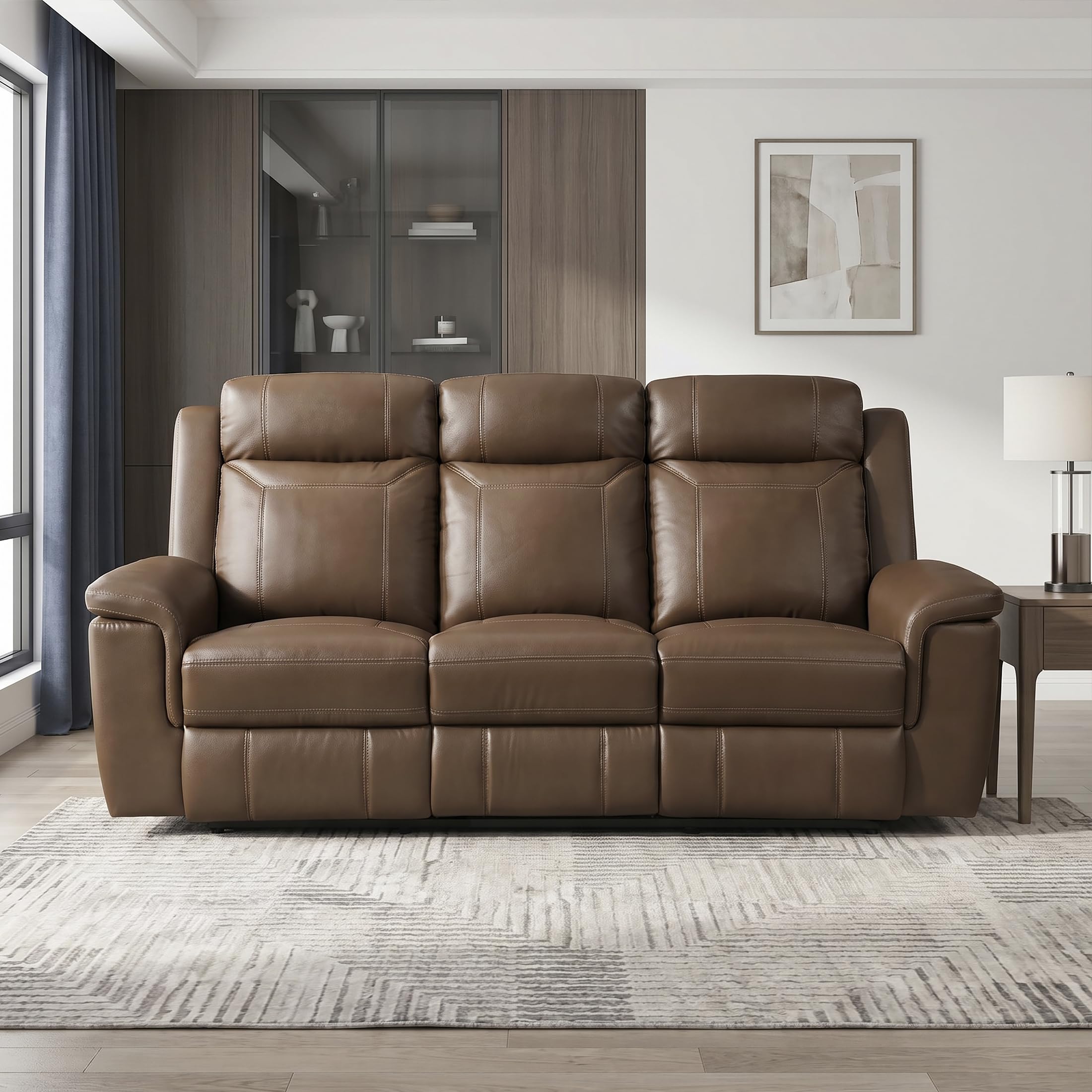 Lexicon Top Grain Leather Match Manual Reclining Sofa, Wall Hugger Reclining Sofa, Overstuffed Armrest, for Living Room/Theater Seating/Apartment, Easy Assembly, Camel