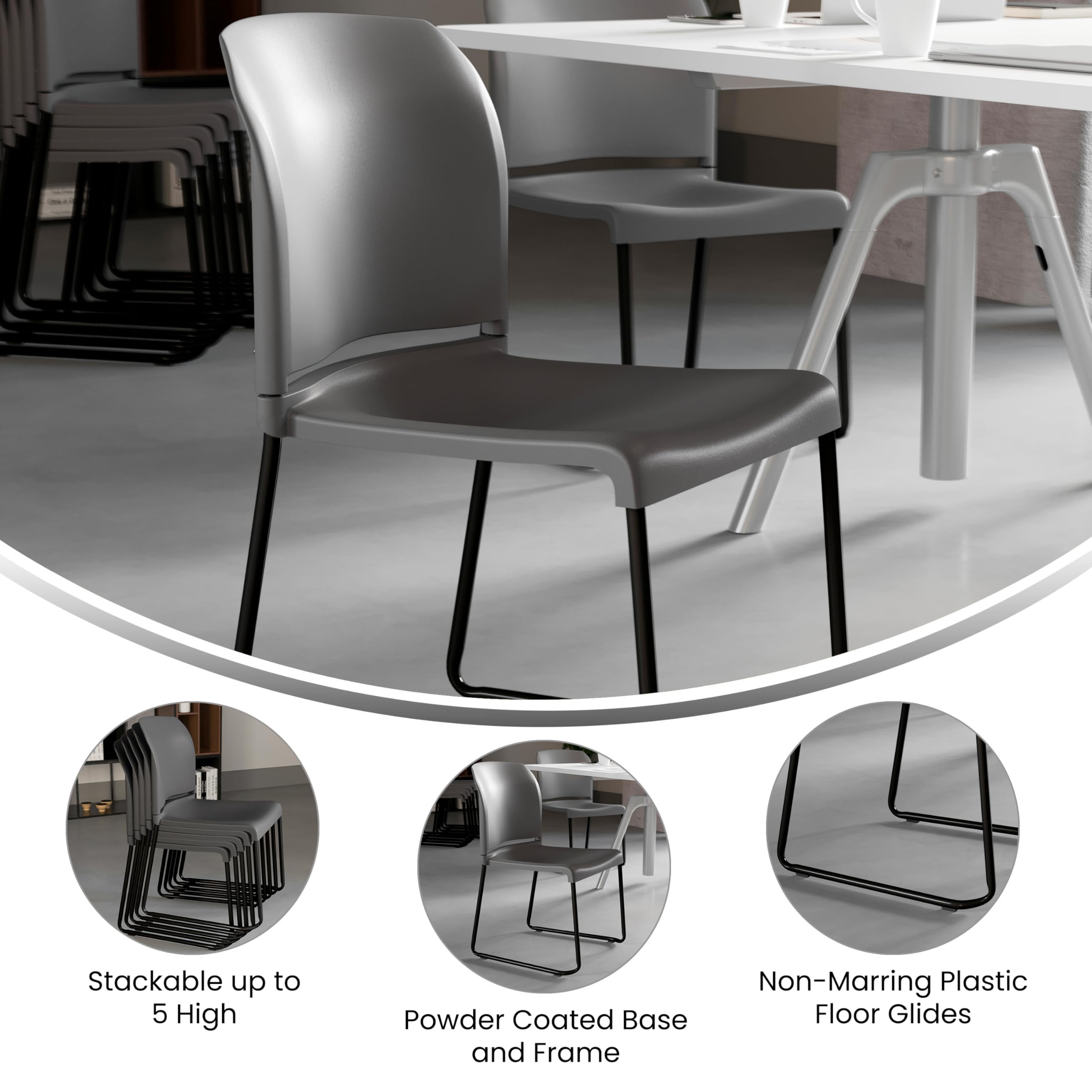 Flash Furniture Hercules Series Contoured Stacking Chairs for Waiting Rooms and Offices, Ergonomic Lobby Chairs with Curved Back, Set of 5, Gray