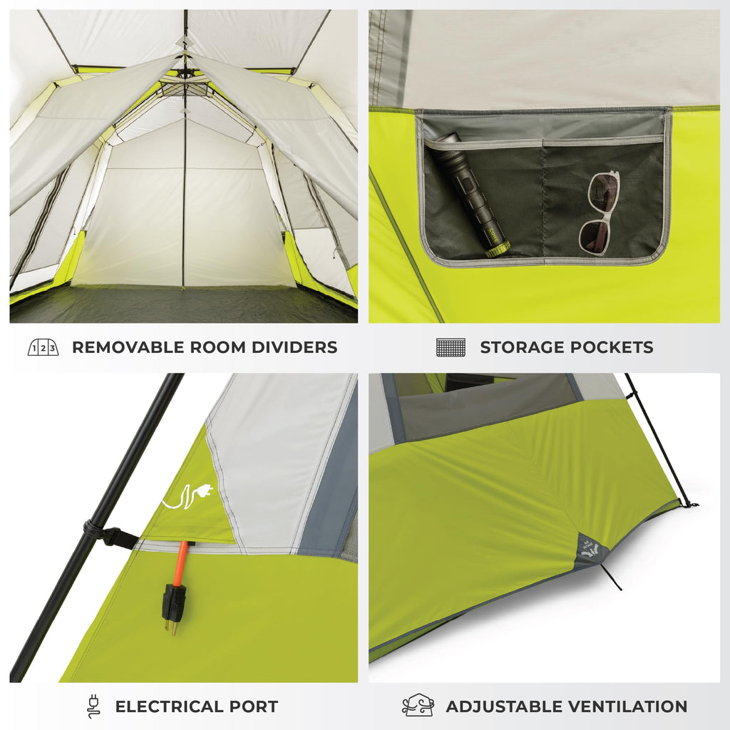 CORE 12 Person Instant Cabin Tent | Large 3 Room Family Pop Up Tent for 2 Minute Camp Setup | Included Storage Pockets for Camping Accessories