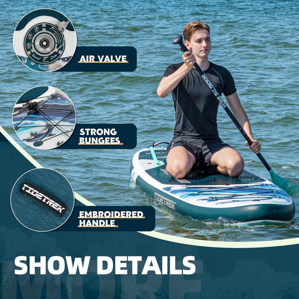 TIDETREK 11'/11'6" x 33"/34" x 6" Inflatable SUP Paddle Board – Extra-Wide, Stable Stand Up Paddle Board with Premium Full Accessory Set for Adults & Youth (Ocean Spirit/Kayak Seat, 11'x33 x6)