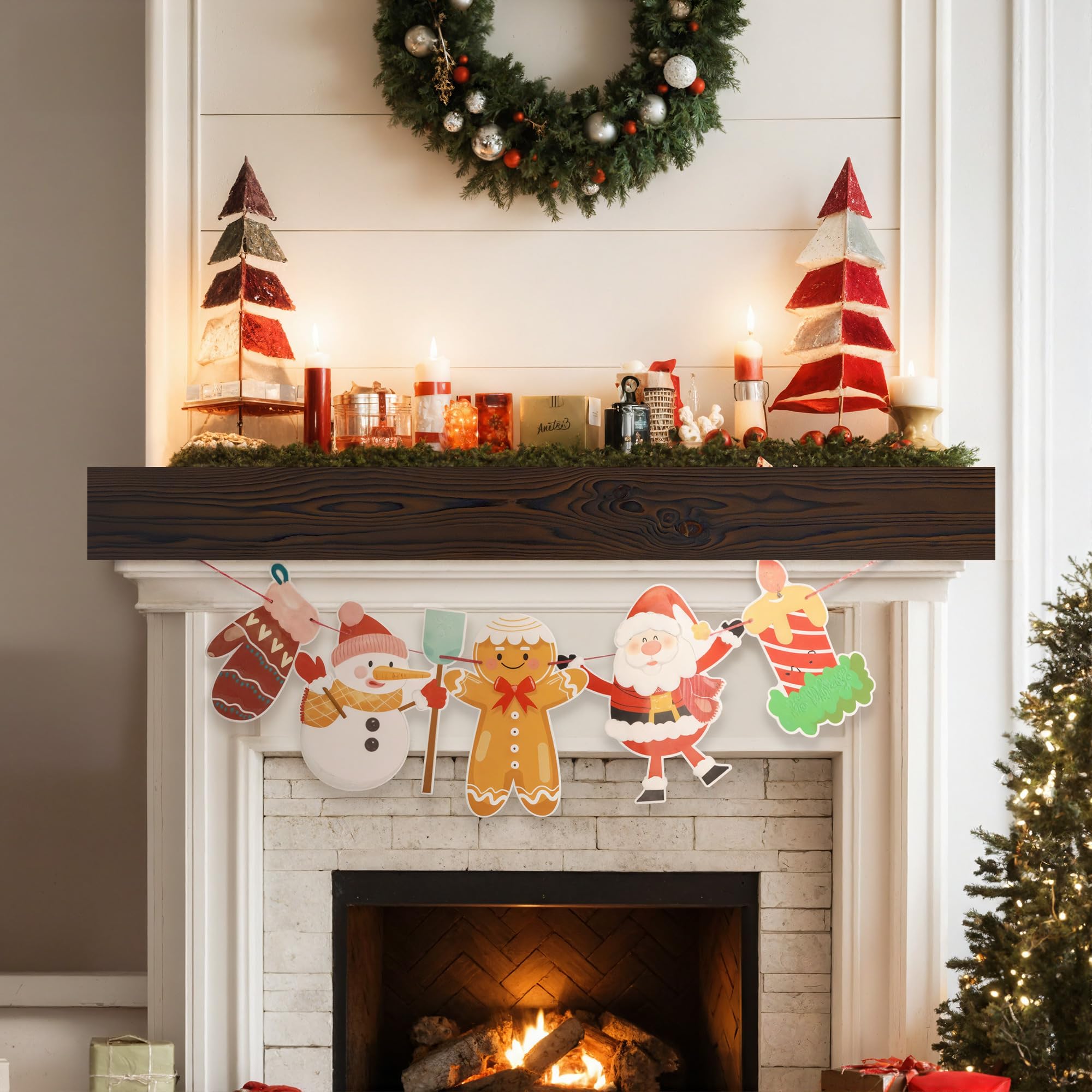 Acovy Floating Fireplace Mantel Shelves, 84x8x5 Inches Natural Wooden Floating Shelf for Over Fireplace, Wall-Mounted Mantel Shelf for Living Room and Home Decor, Rustic Brown