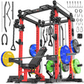Power Rack Power Cage Multi-Function Squat Rack with Cable Crossover System Selectable More Training Attachment Power Rack for Garage & Home Gym (Red, F Set L02+Weight Bench+（Pole+Color BP） 258LBS)
