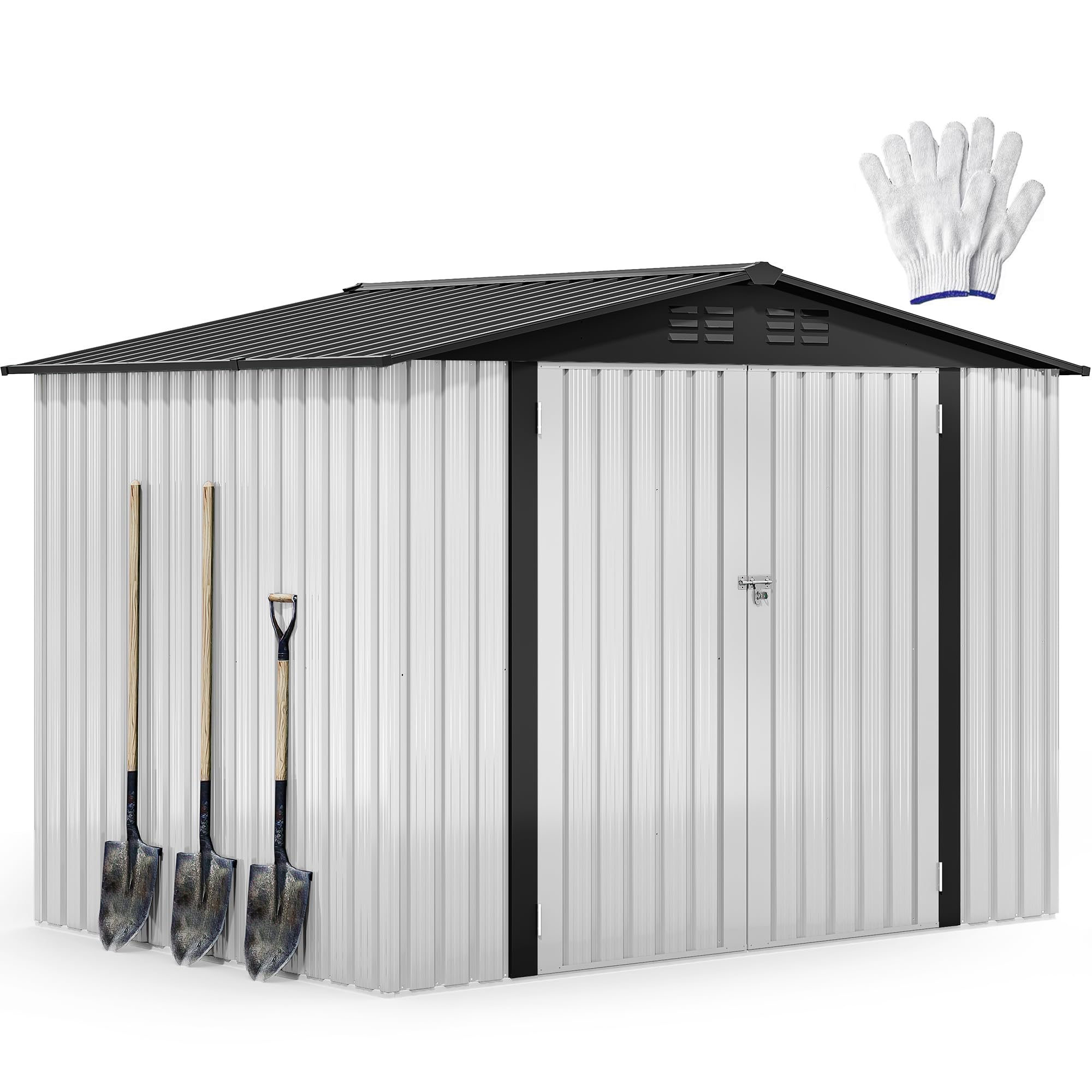 DWVO 7x5ft Metal Outdoor Storage Shed, Waterproof Tool Shed Heavy-Duty Storage Unit with Lockable Door and Vents, Ideal for Bicycles, Tools, Lawnmowers, Backyards, Patios, Lawns - White