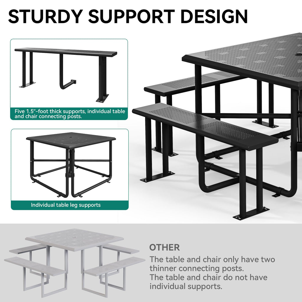 YITAHOME Coated Steel Picnic Table, 46" Heavy Duty Outdoor Picnic Table w/Sturdy Steel Frame & Umbrella Hole for Yard Patio Lawn Party, Square, Black