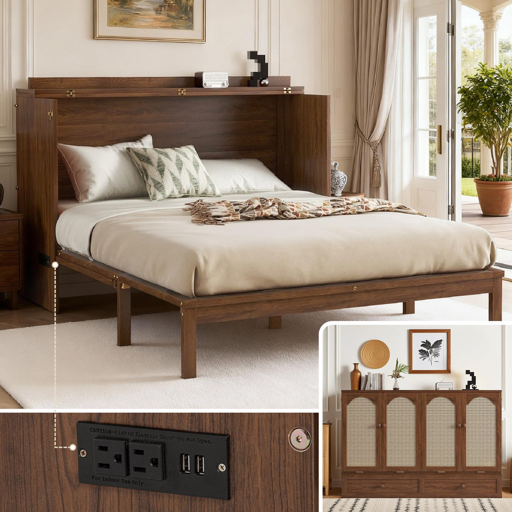 DNYN Queen Size Murphy Bed Cabinet with Large Drawer and and Built-in Charging Station for Guest/Study Room/Home Office, Space-Saving Rattan Decoration Foldable Wall Bed Frame, No Box Spring Needed