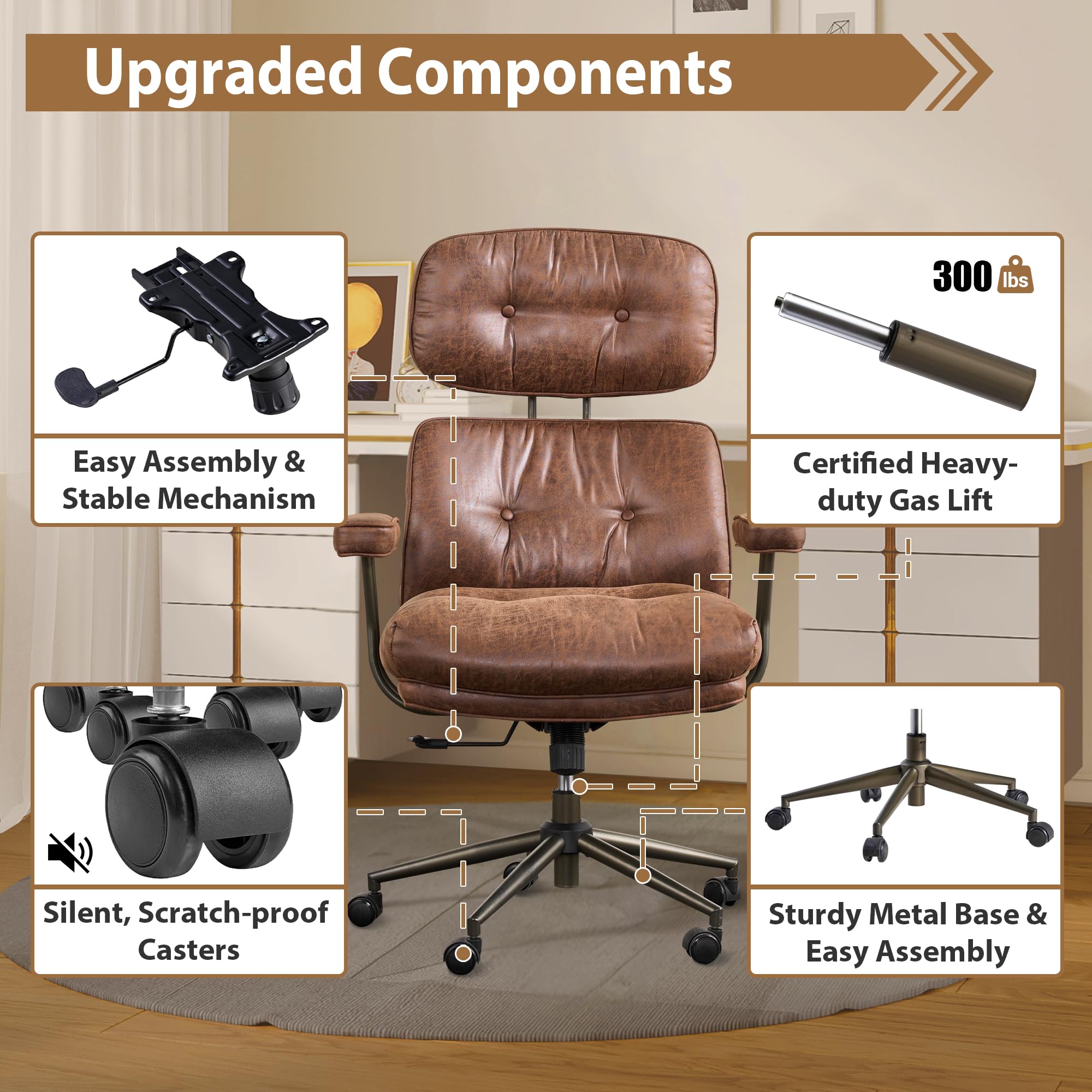 Home Office Chair,Ergonomic Computer Chair with Lumbar Support Adjustable Height,Mid-Century Modern Office Chair with Rolling Swivel Chair for Home Office Game Study(Suede Leather Chair,Dark Brown)