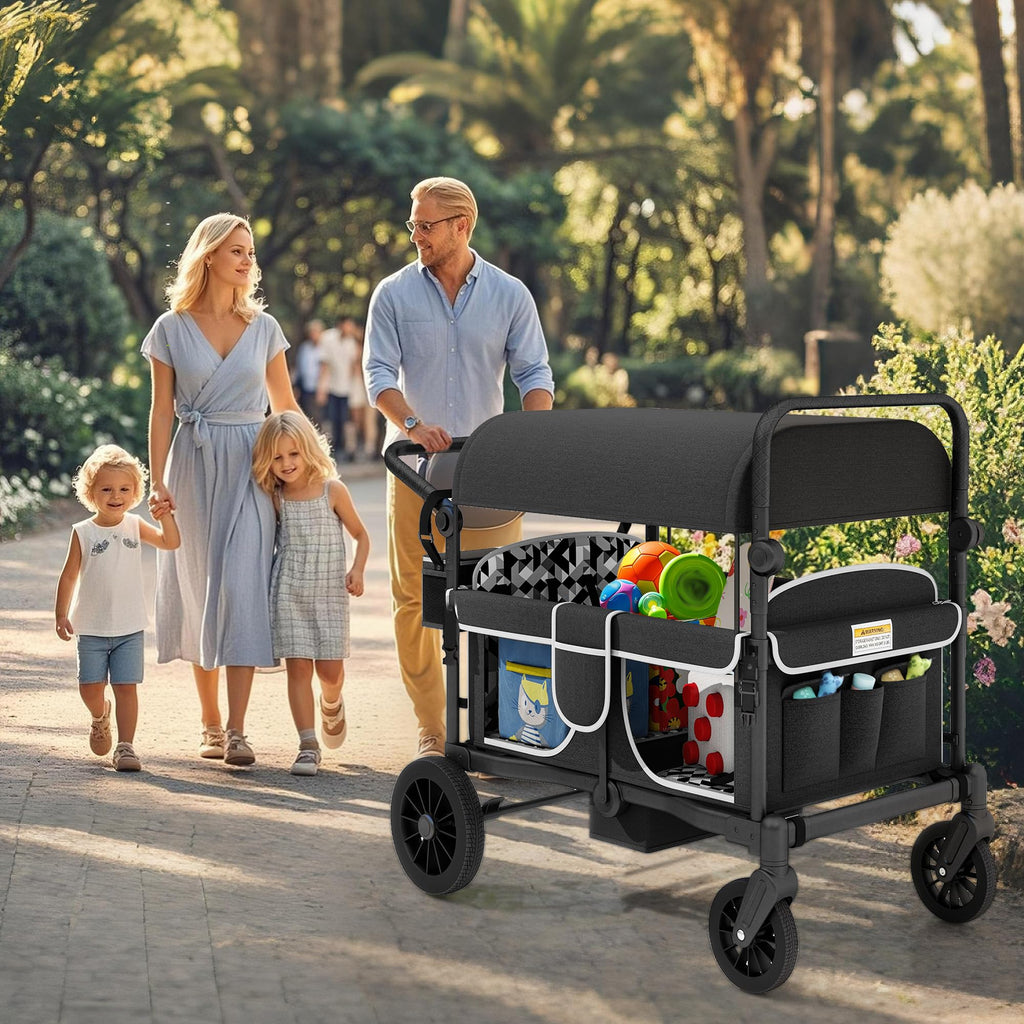 TOLEAD Wagon Stroller for 4 Kids, Foldable 4 Seats Outdoor Stroller Wagon with Canopy, Adjustable Handlebars, 5-Point Safety Harness, Detachable Tray, Portable Bag (Black)