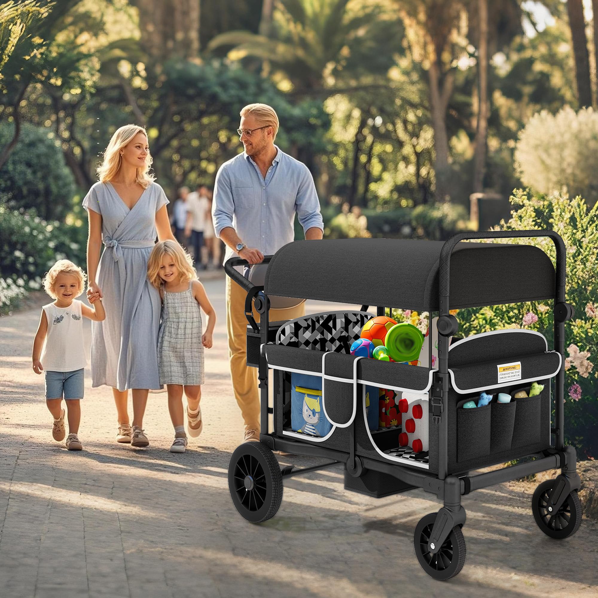 TOLEAD Wagon Stroller for 4 Kids, Foldable 4 Seats Outdoor Stroller Wagon with Canopy, Adjustable Handlebars, 5-Point Safety Harness, Detachable Tray, Portable Bag (Black)
