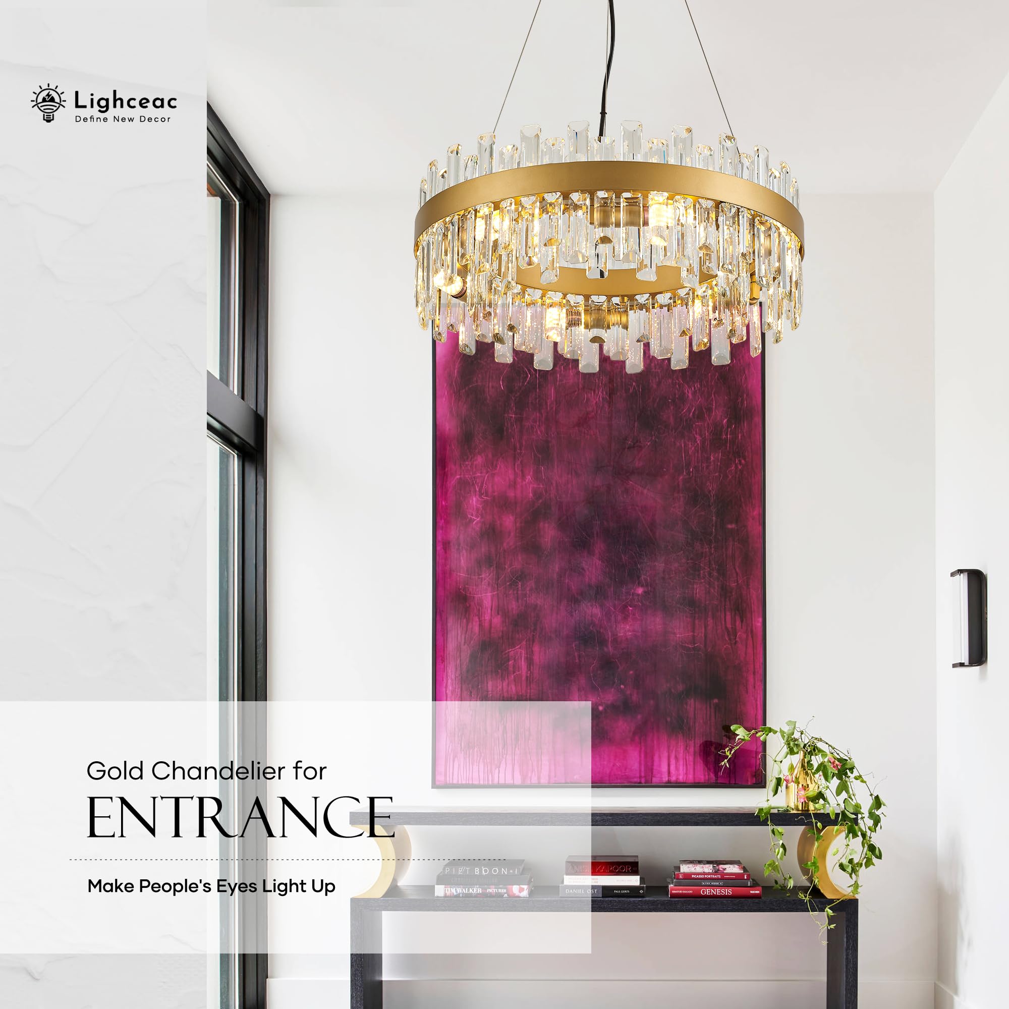 lighceac 21.7" Gold Modern Crystal Chandelier Light Fixtures Luxury 2 Rings Crystal Chandeliers for Dining Room 12-Light Round Hanging Pendant Lighting for Living Room Kitchen Island Entryway Bedroom