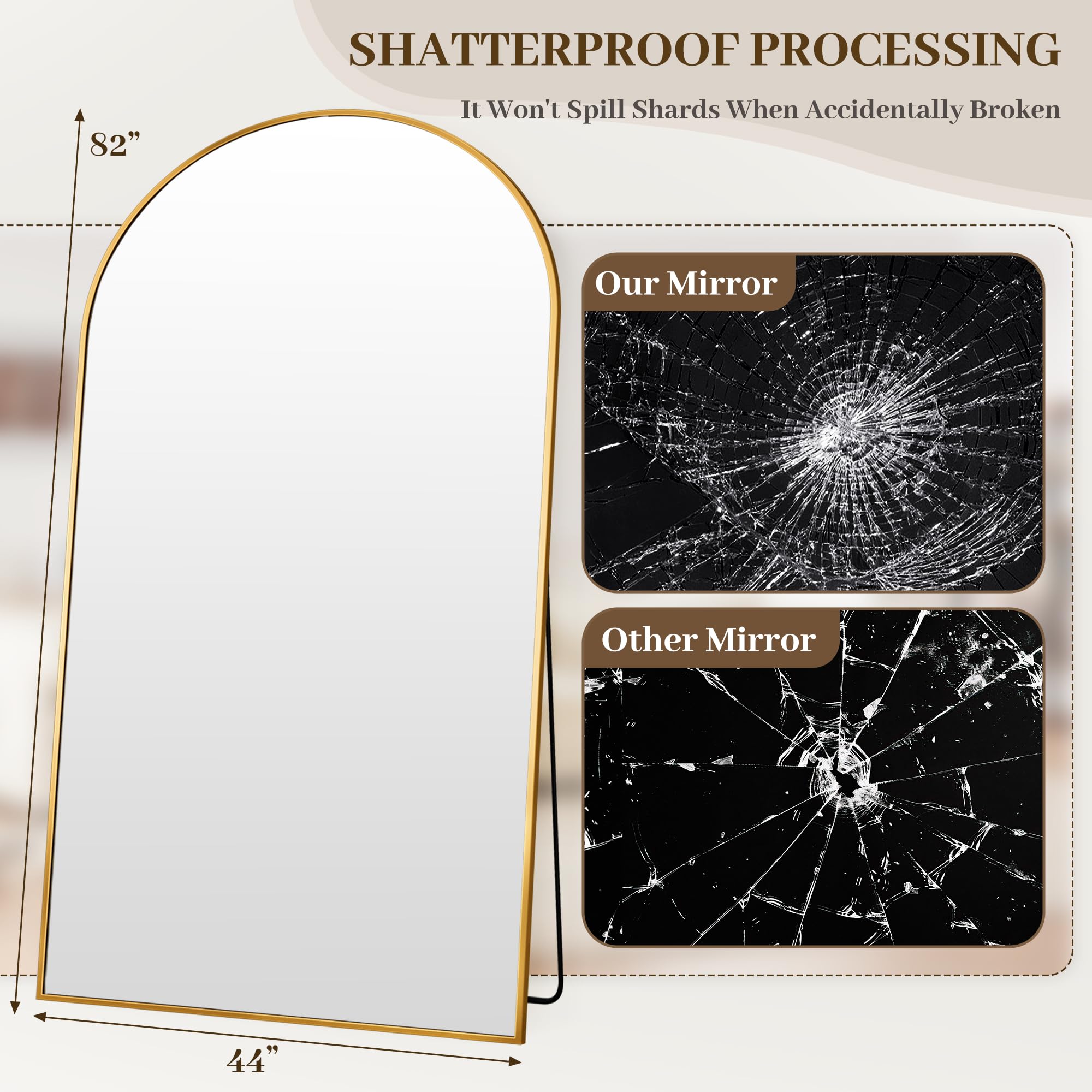 Suidia Arched Oversized Full Length Mirror Floor 82"x44" - Large Freestanding Full Body Mirror with Aluminum Alloy Frame, Tempered Glass, Gold, Leaning/Wall Mounted for Bedroom, Living Room, Entrance