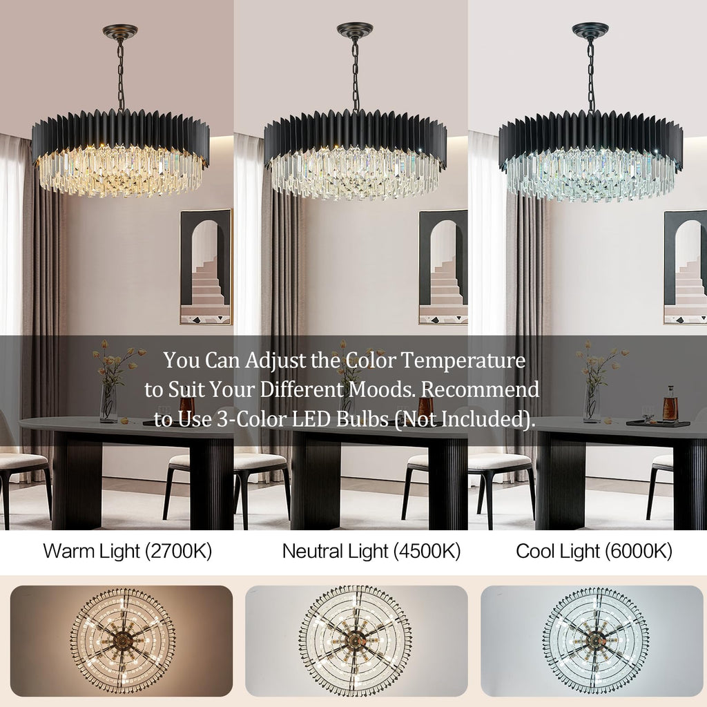 YOLIZUOT Black Crystal Chandelier 30'' K9 Crystal Round Pendant Lights Adjustable 6-Tier Large Modern Crystal Chandelier Light 12-Lights for Dining Room Living Room Kitchen Foyer Entryway