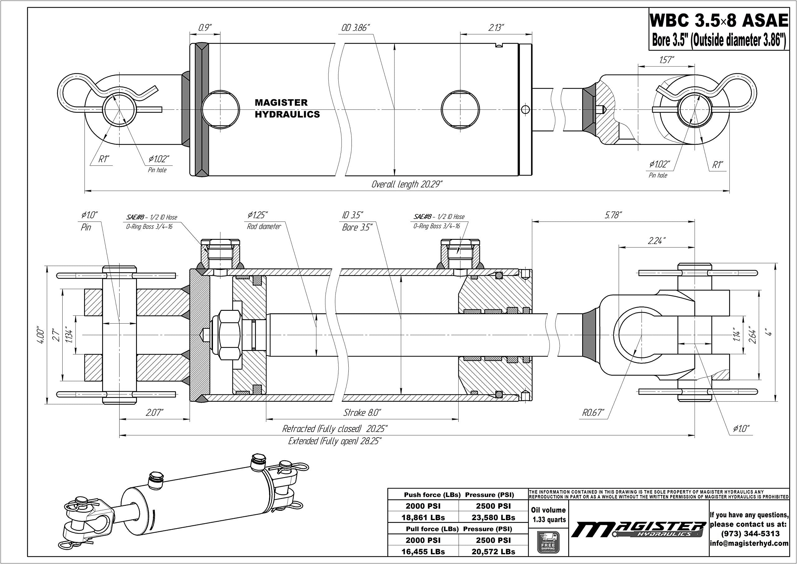 Magister Hydraulics Double Acting Hydraulic Cylinder - AG Clevis Hydraulic Cylinder 2500 PSI tie-Rod Alternative 3.5" bore 8" Stroke (3.5x8 ASAE)