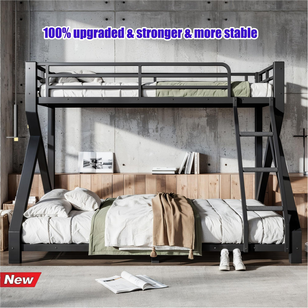 QLUSAN Latest Upgraded & Stronger Heavy Duty Metal Twin XL Over Queen Size Bunk Bed, Safer Thickened More Stable Bunkbed (Greater Weight Capacity) (Twin XL Over Queen (A),Black)