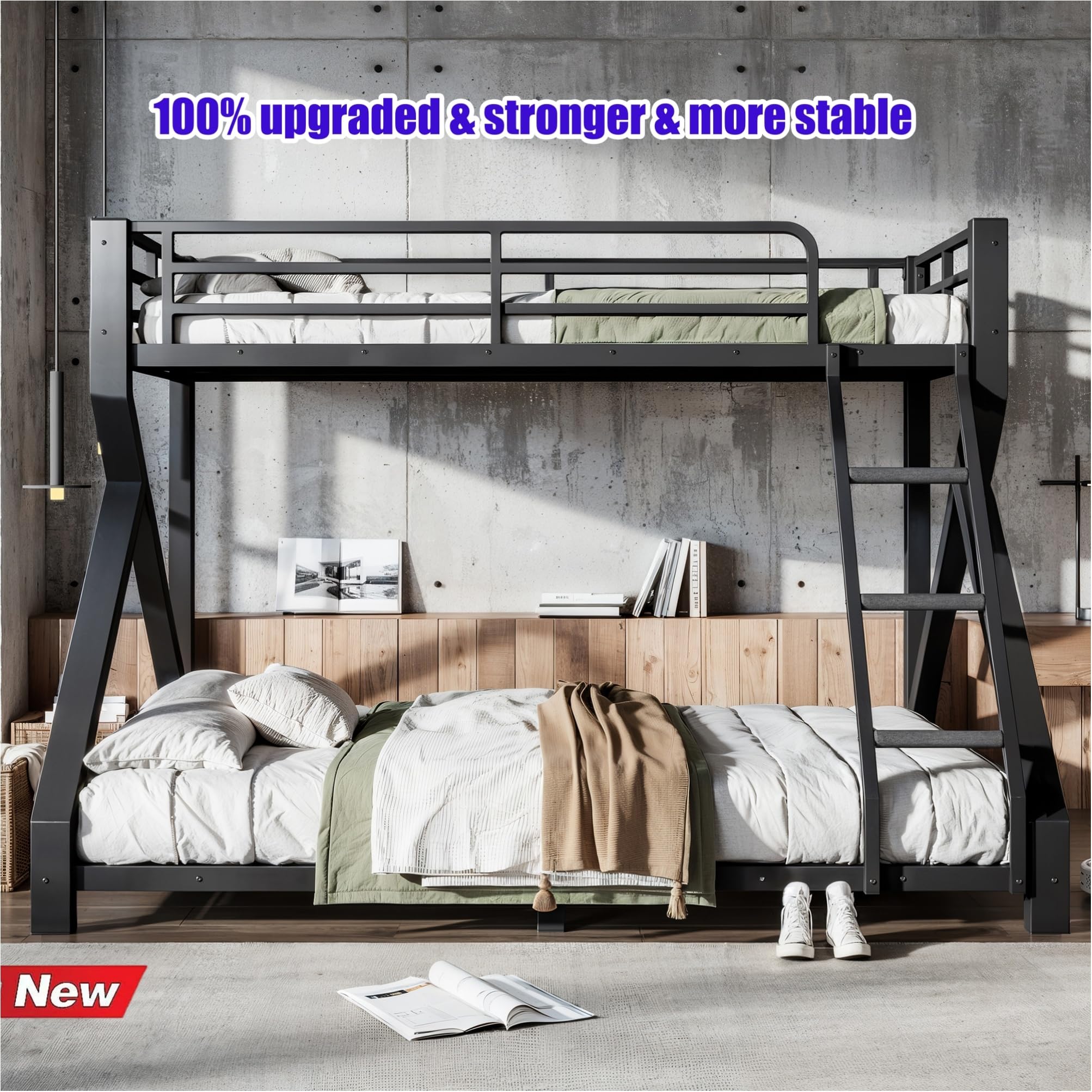 QLUSAN Latest Upgraded & Stronger Heavy Duty Metal Twin XL Over Queen Size Bunk Bed, Safer Thickened More Stable Bunkbed (Greater Weight Capacity) (Twin XL Over Queen (A),Black)