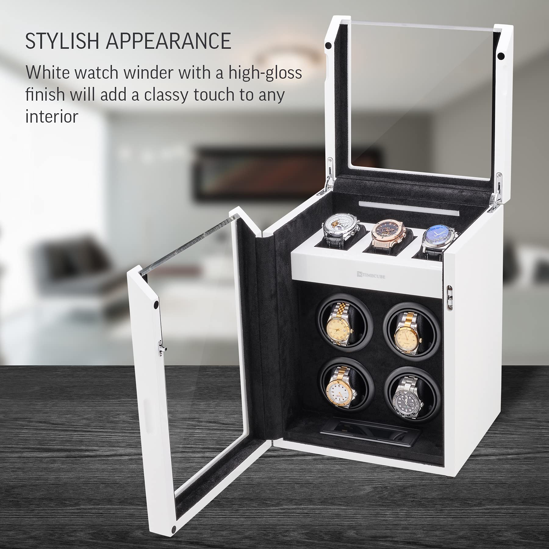 TIMECUBE Watch Winder for 4 Watches with 15 Winding Programs and 3 Watch Storage Slots (White)
