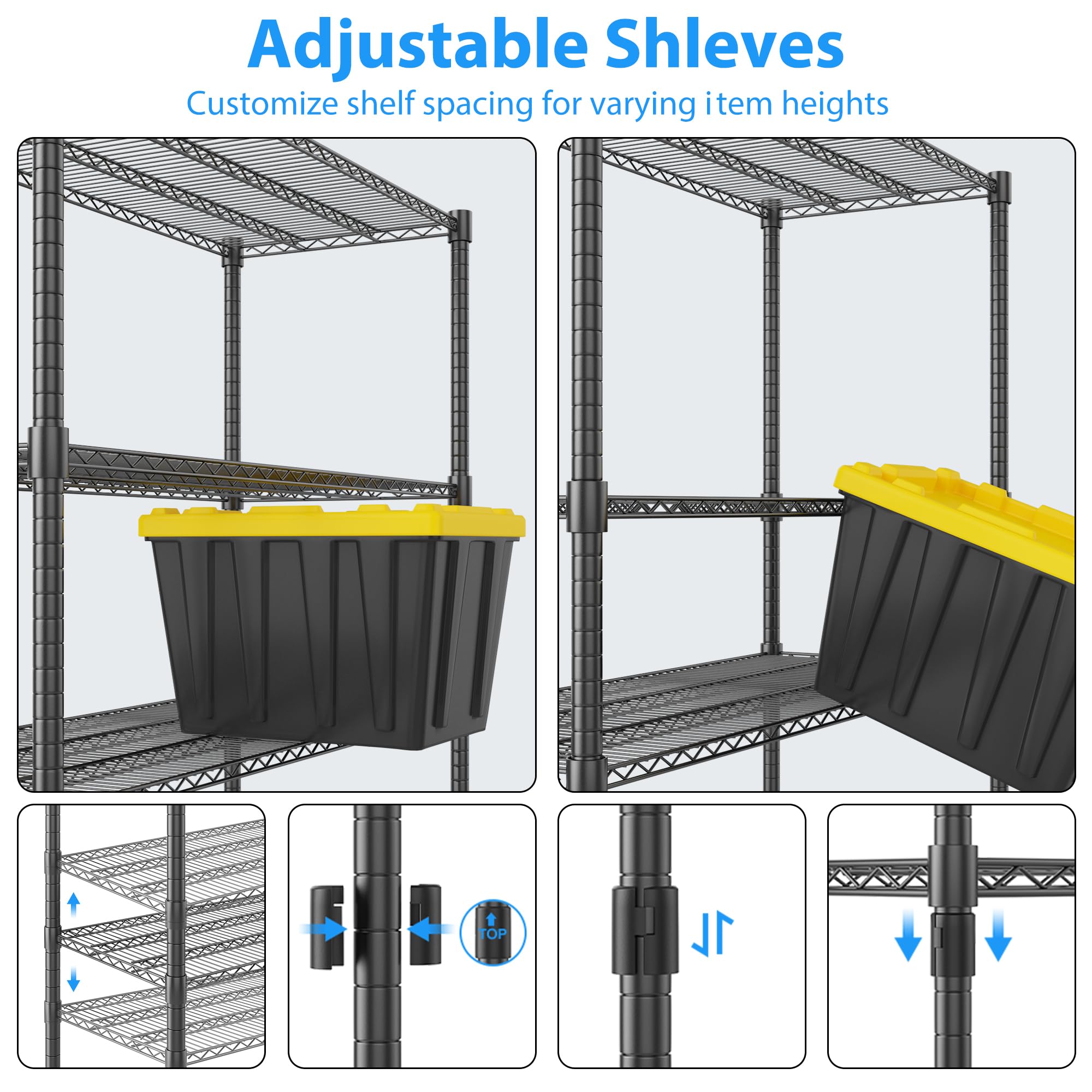 Homdox Heavy Duty Storage Shelves, 5 Tier Wire Shelving Unit with Wheels, Commercial Adjustable Metal Shelves for Storage, Garage Rack Pantry Shelves Kitchen Shelving, 24"x60"x82", Black