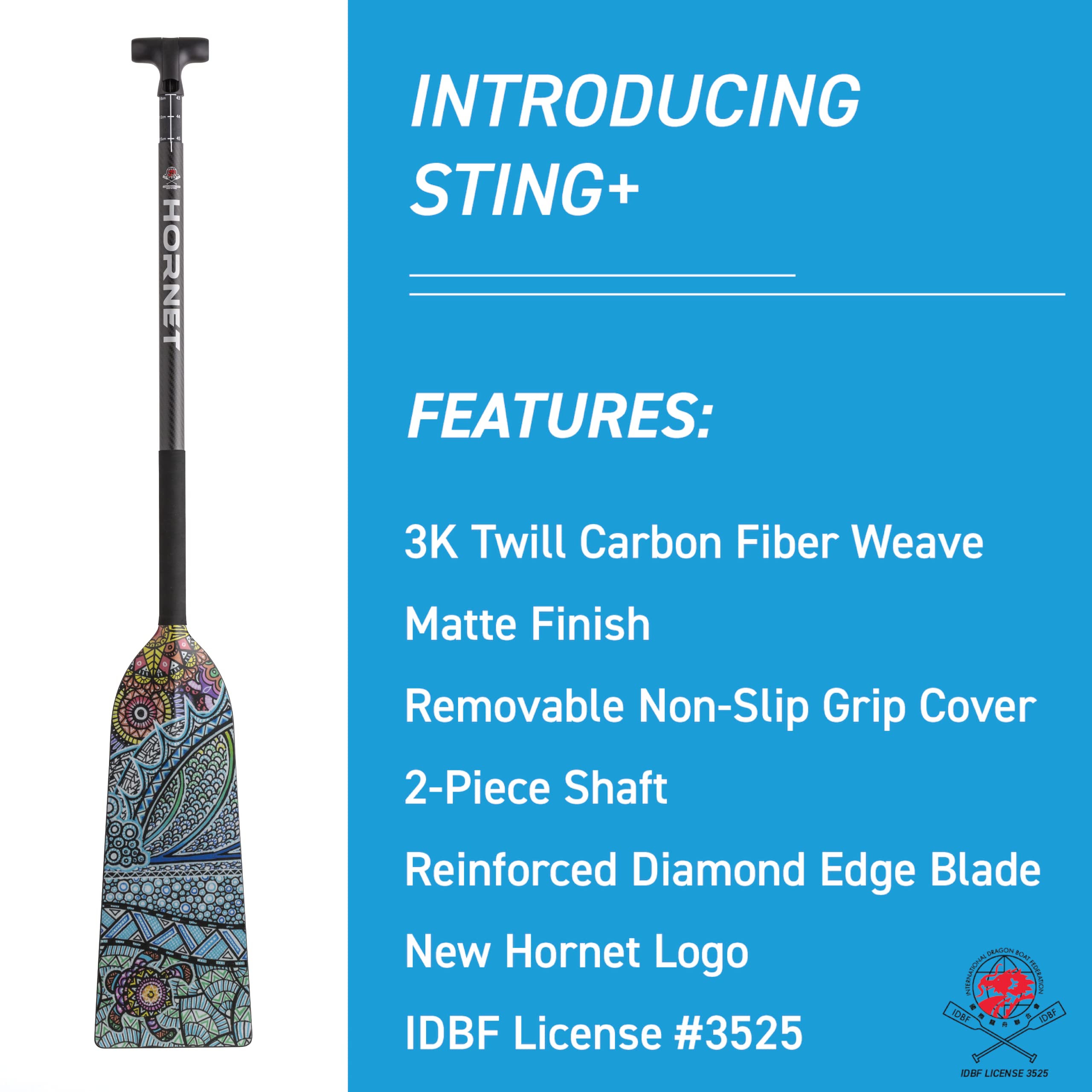Hornet Watersports Dragon Boat Paddle - Turtle Design - Adjustable Carbon Fiber Dragon Boat Paddle - IDBF Approved - Dragon Boat Accessories (Leverlock Adjustable)