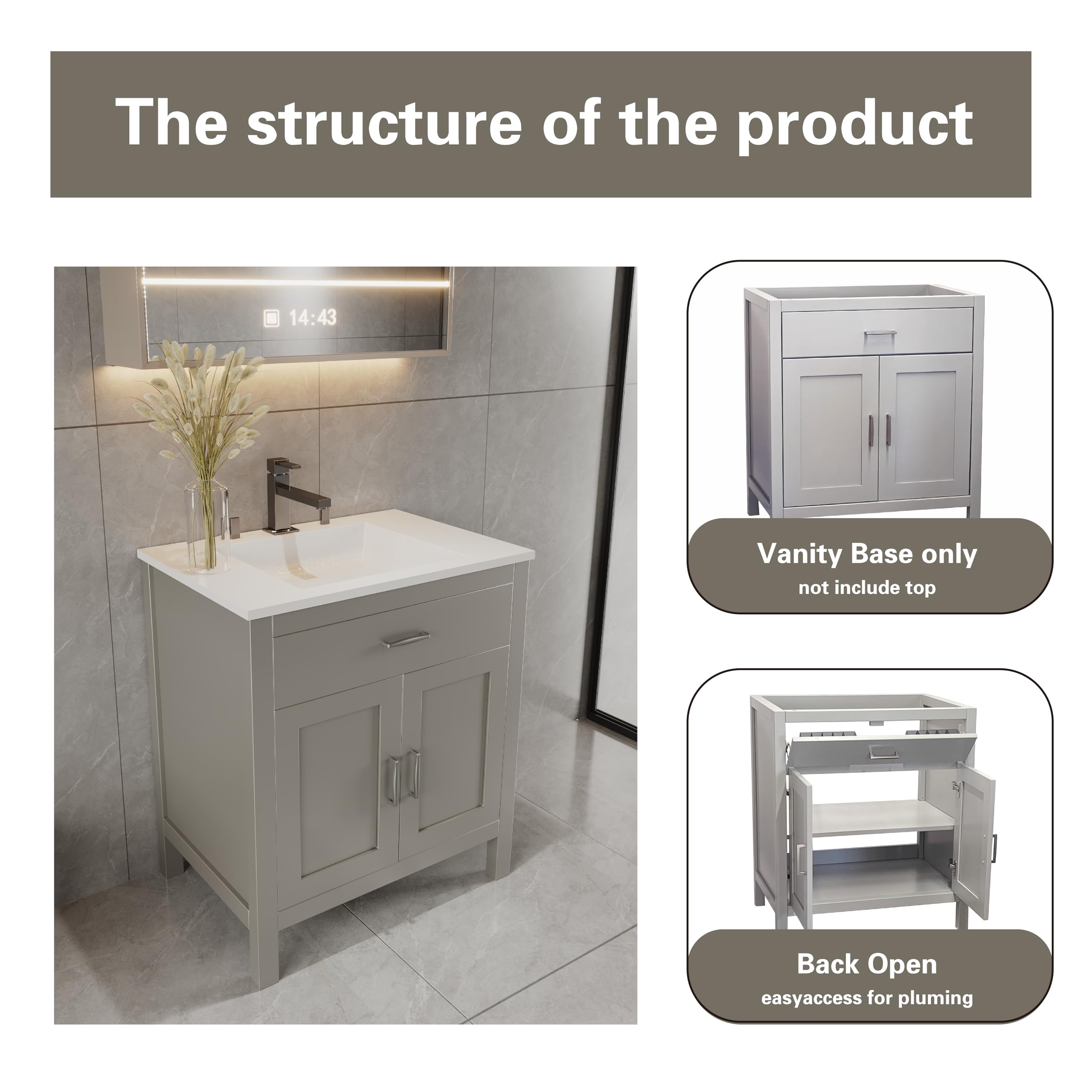 30" Light Grey Bathroom Vanity Base Only – Freestanding Solid Wood Sink Cabinet with Tip-Out Drawer, Shaker Style Storage, No Top or Sink, 30" W x 21" D x 34.5" H