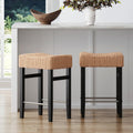 Nathan James Harvey Rattan Bar Stool, Bohemian Counter Height Stool with Woven Seagrass Seat, Solid Wood Legs, and Metal Footrest Seagrass/Brushed Black, Set of 2
