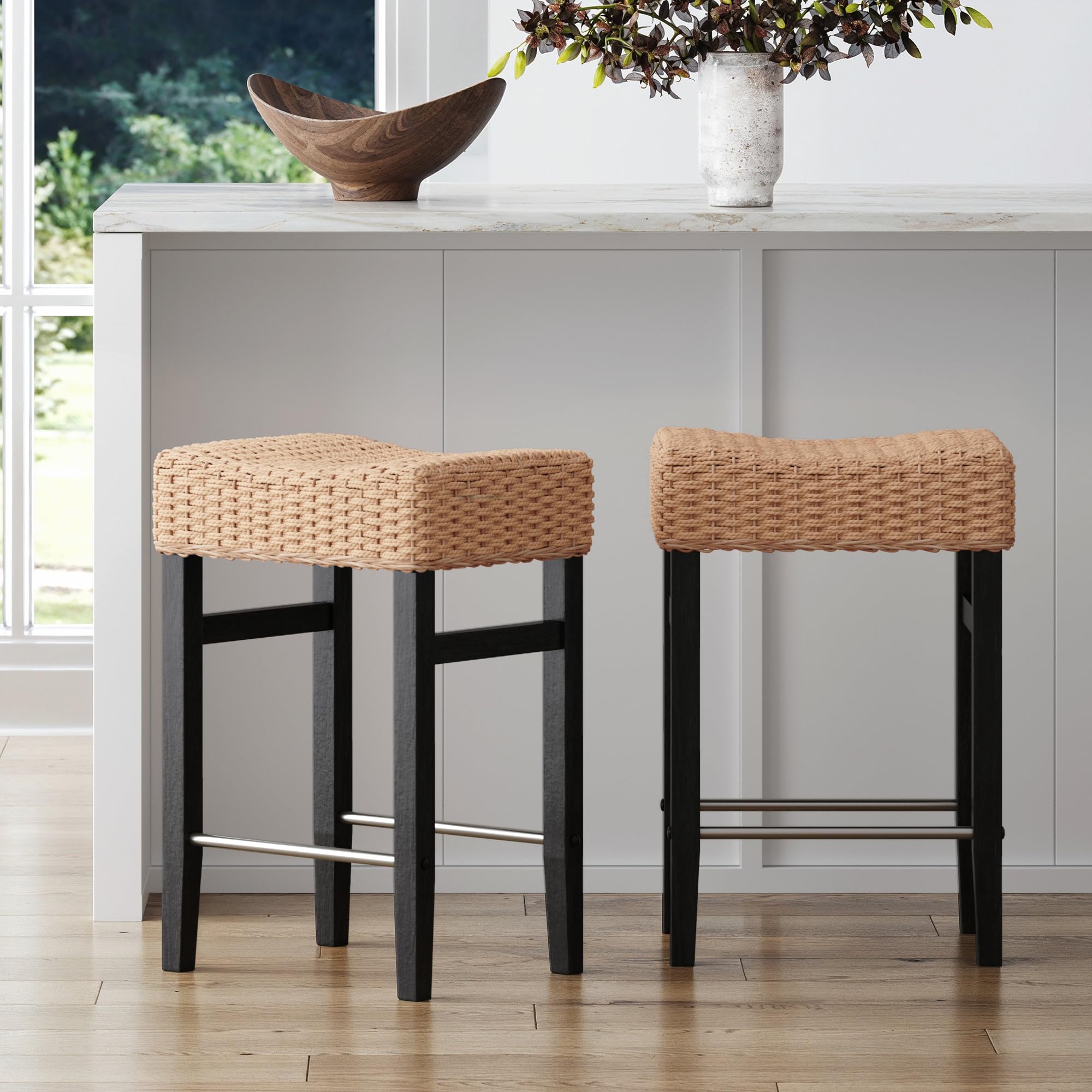 Nathan James Harvey Rattan Bar Stool, Bohemian Counter Height Stool with Woven Seagrass Seat, Solid Wood Legs, and Metal Footrest Seagrass/Brushed Black, Set of 2