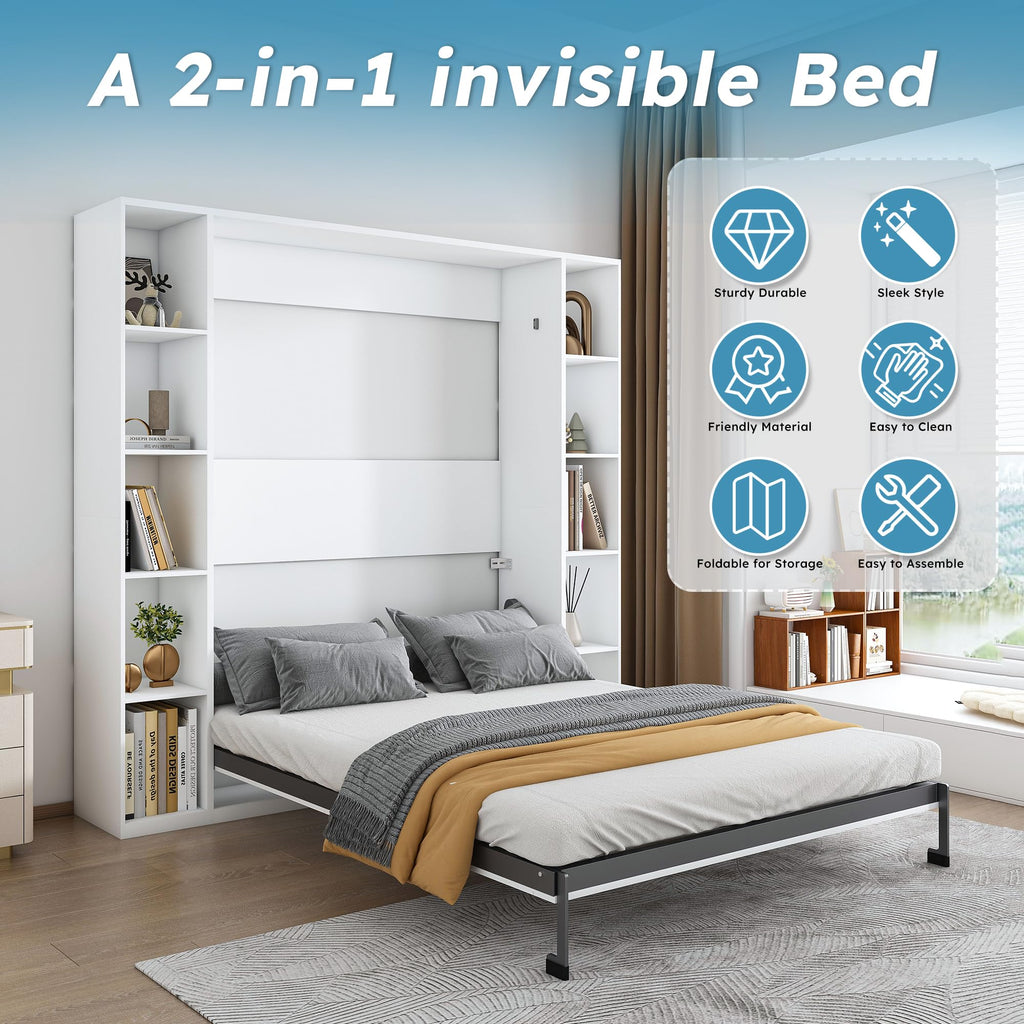 KEIKI Queen Size Murphy Bed Chest, Folding Cabinet Wall Bed Frame with Storage Shelves, Sapce Saving Hideaway Cabinets Beds Frames for Apartment Bedroom Guest Room, Wood Slats Support, White
