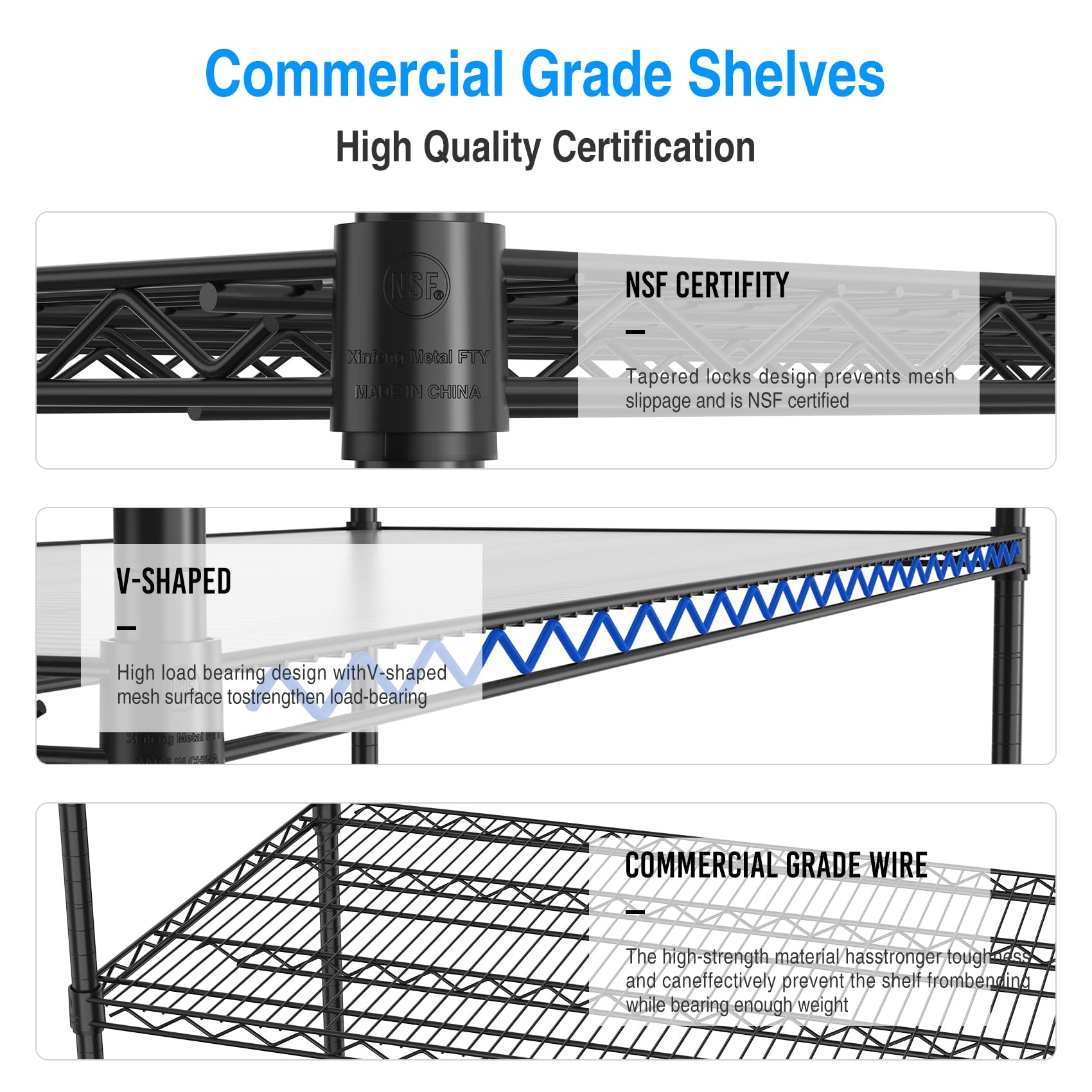 Metal Shelf Wire Shelving Unit, 5 Tier 7500lbs Capacity NSF Heavy Duty Adjustable Storage Rack with Wheels & Shelf Liners for Commercial Grade Utility Steel Storage Rack,82"H x 60"L x 24"D-Black