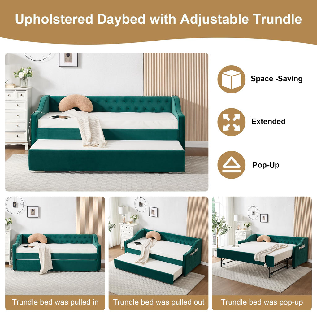 DNYN Button Tufted Design Daybed with Pop-up Trundle & USB Ports for Bedroom Guest Room, Space-Saving Twin Size Velvet Sofabed Frame with Side Storage Pockets, No Box Spring Needed/Easy Assemble