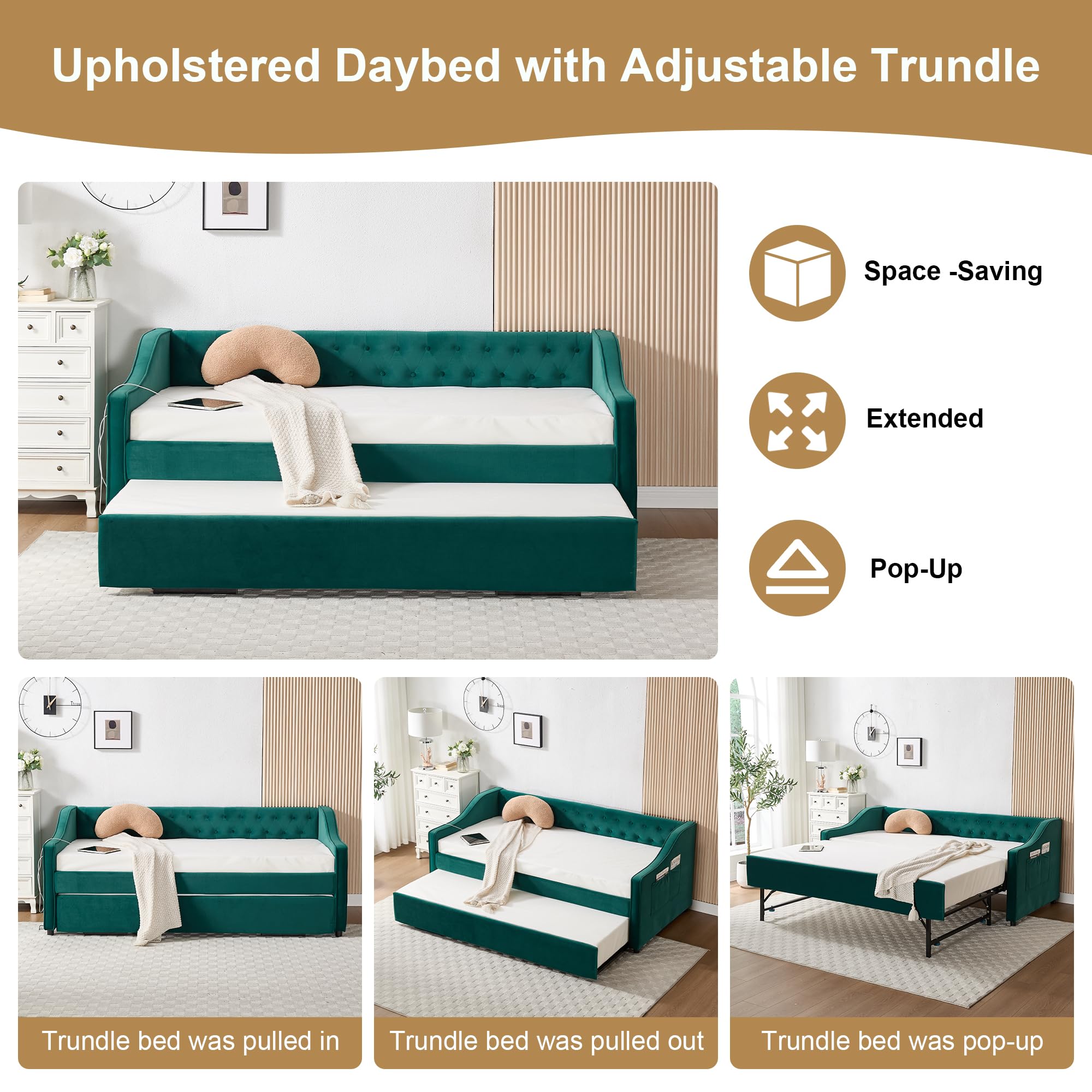 DNYN Button Tufted Design Daybed with Pop-up Trundle & USB Ports for Bedroom Guest Room, Space-Saving Twin Size Velvet Sofabed Frame with Side Storage Pockets, No Box Spring Needed/Easy Assemble