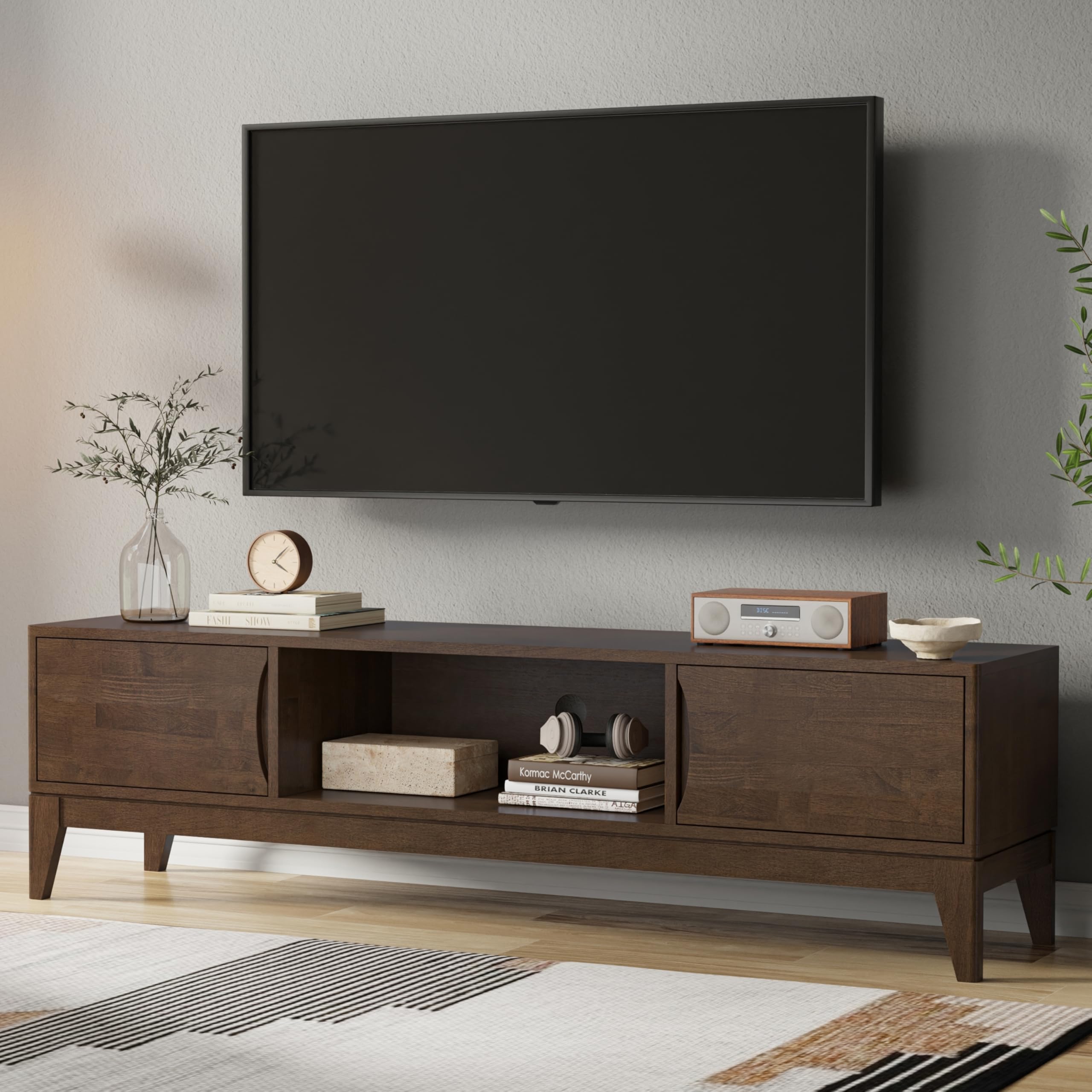 SIMPLIHOME Harper TV Stand - 72 inch Wide Solid Wood Low Media Console in Walnut Brown, Mid Century Modern Entertainment Center for Living Room for TVs up to 80 Inches with Shelf and Cord Management